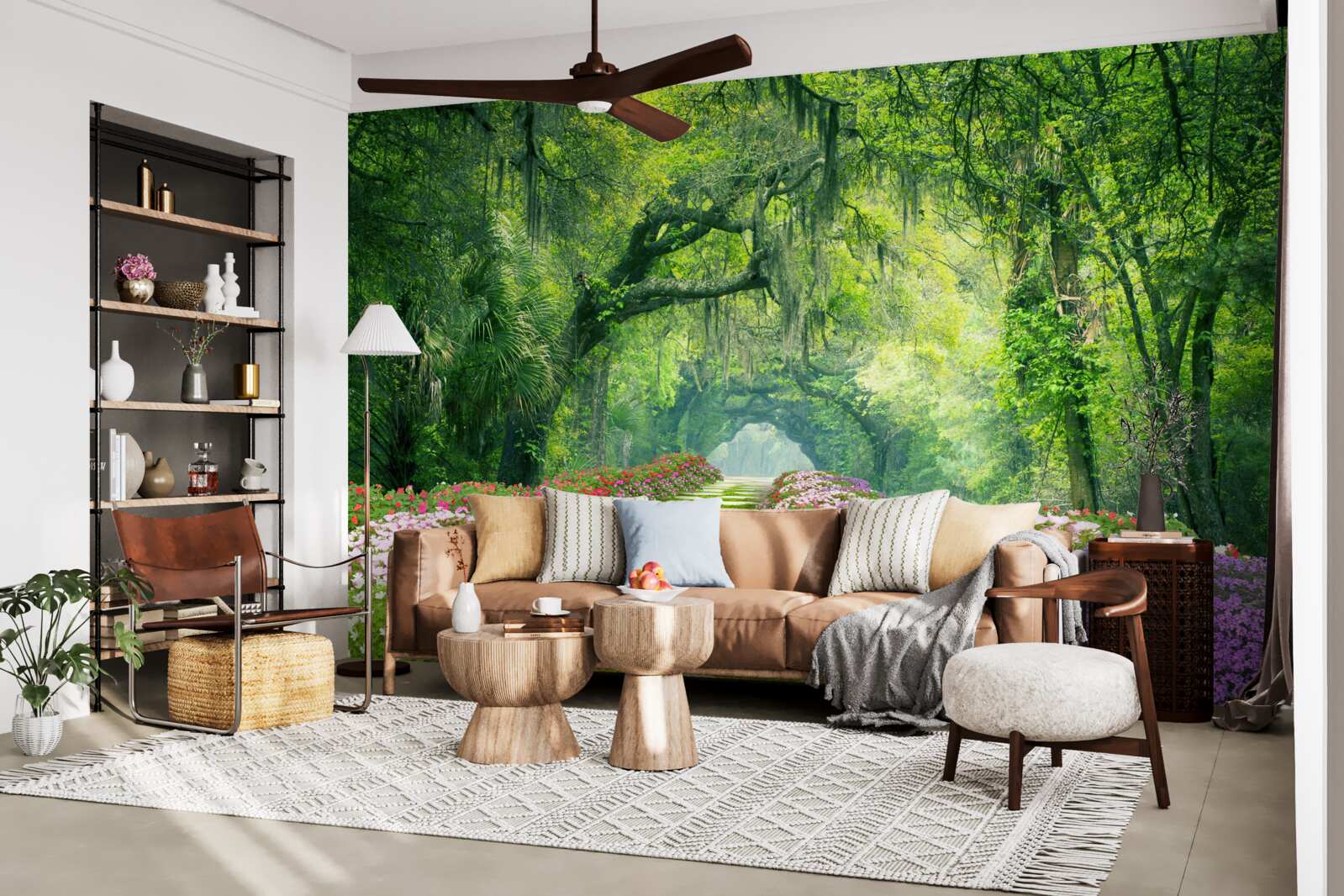 Фотошпалери Доріжка, оточена квітами, що веде до зеленої гущавини лісу