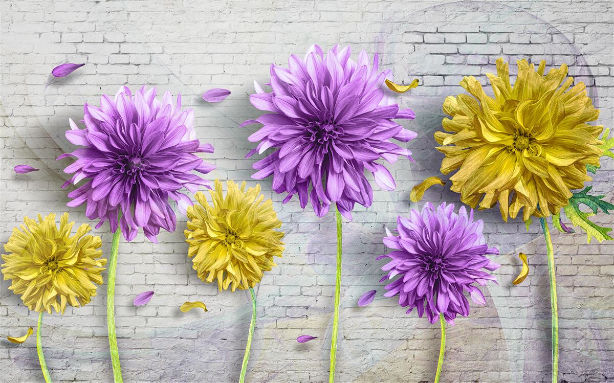 Фотошпалери на цегляній стіні розпускаються квіти у відтінках фіолетового та жовтого