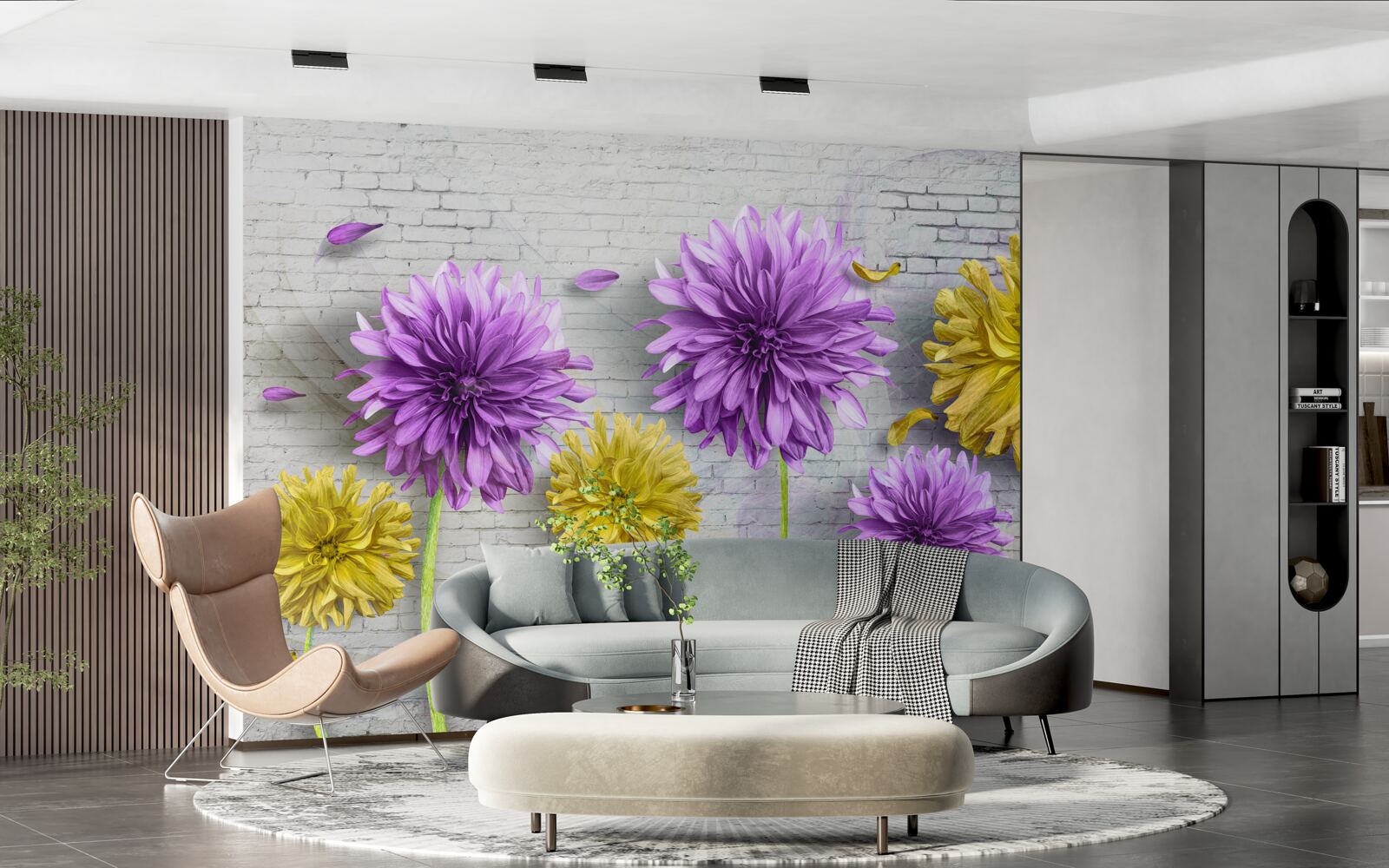 Фотошпалери на цегляній стіні розпускаються квіти у відтінках фіолетового та жовтого