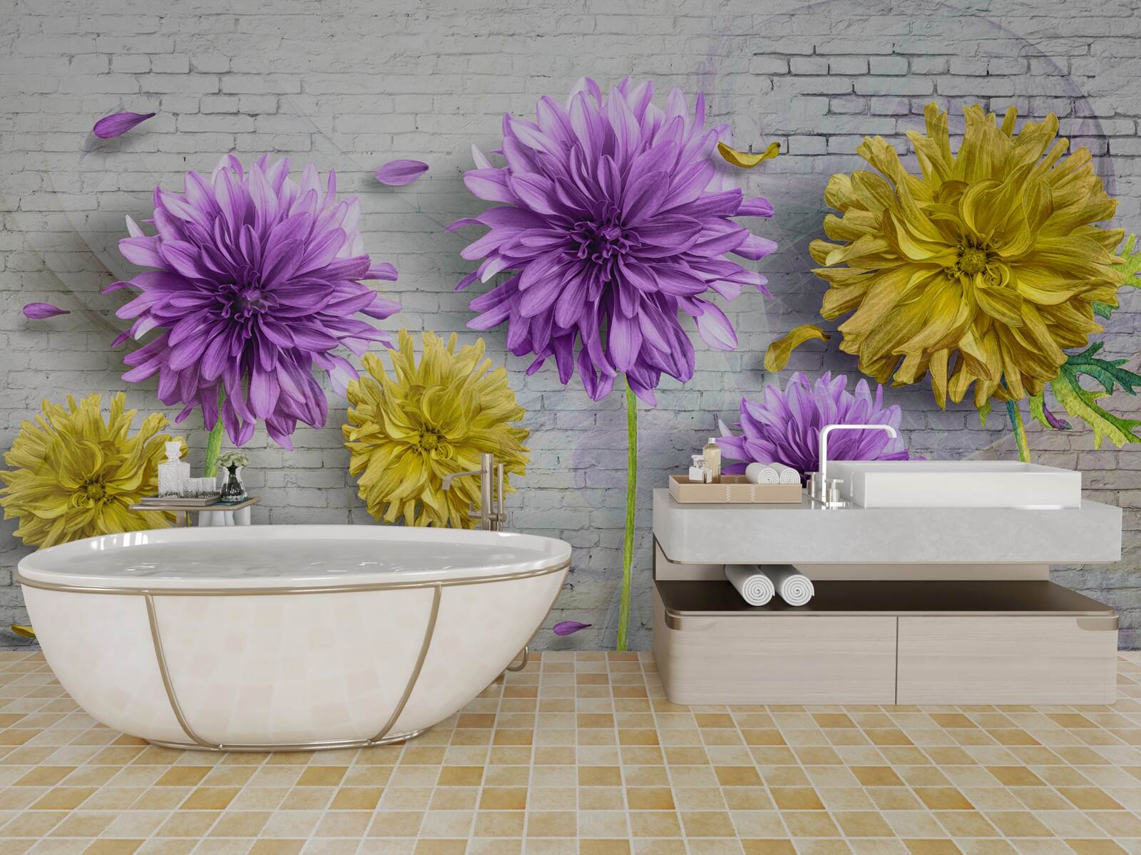 Фотошпалери на цегляній стіні розпускаються квіти у відтінках фіолетового та жовтого