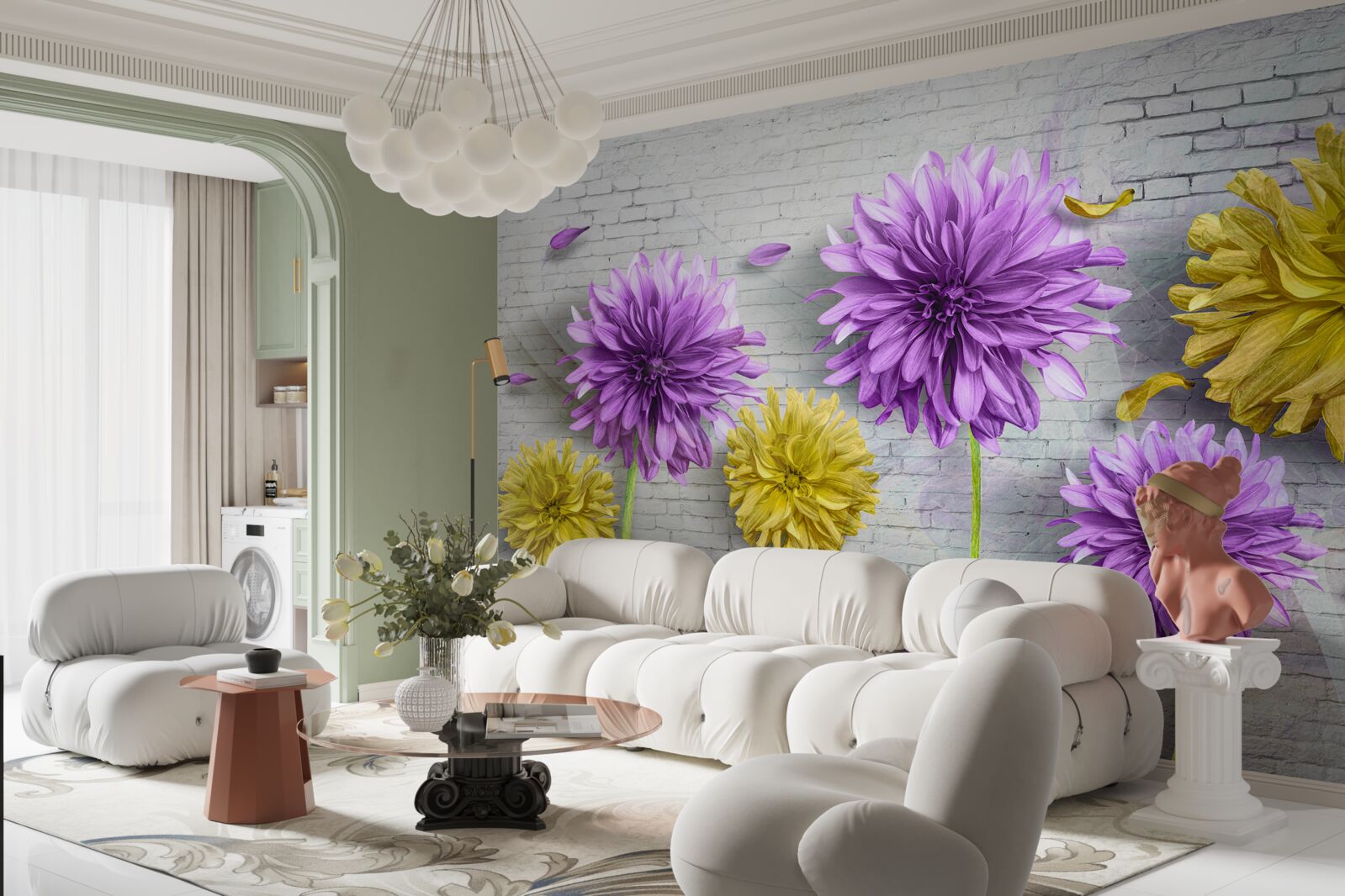 Фотошпалери на цегляній стіні розпускаються квіти у відтінках фіолетового та жовтого