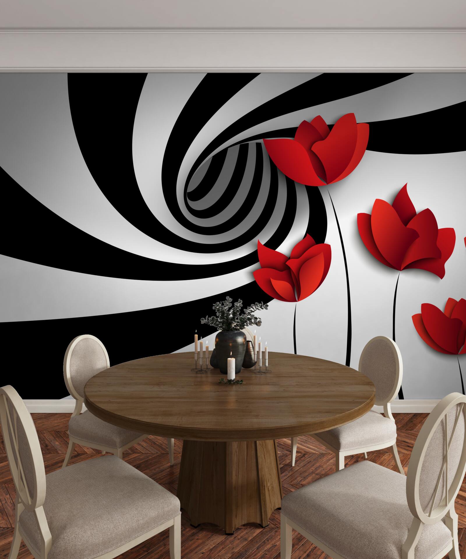 Фотошпалери чорно-білий тунель і галявина червоних маків