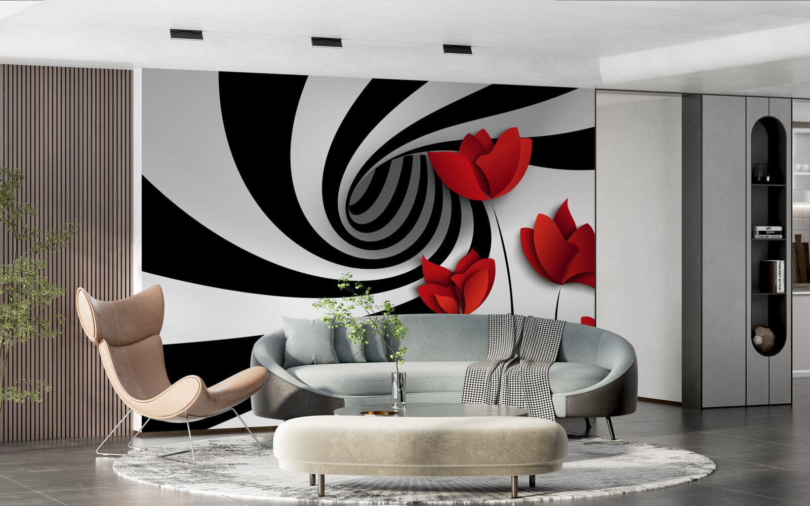 Фотошпалери чорно-білий тунель і галявина червоних маків