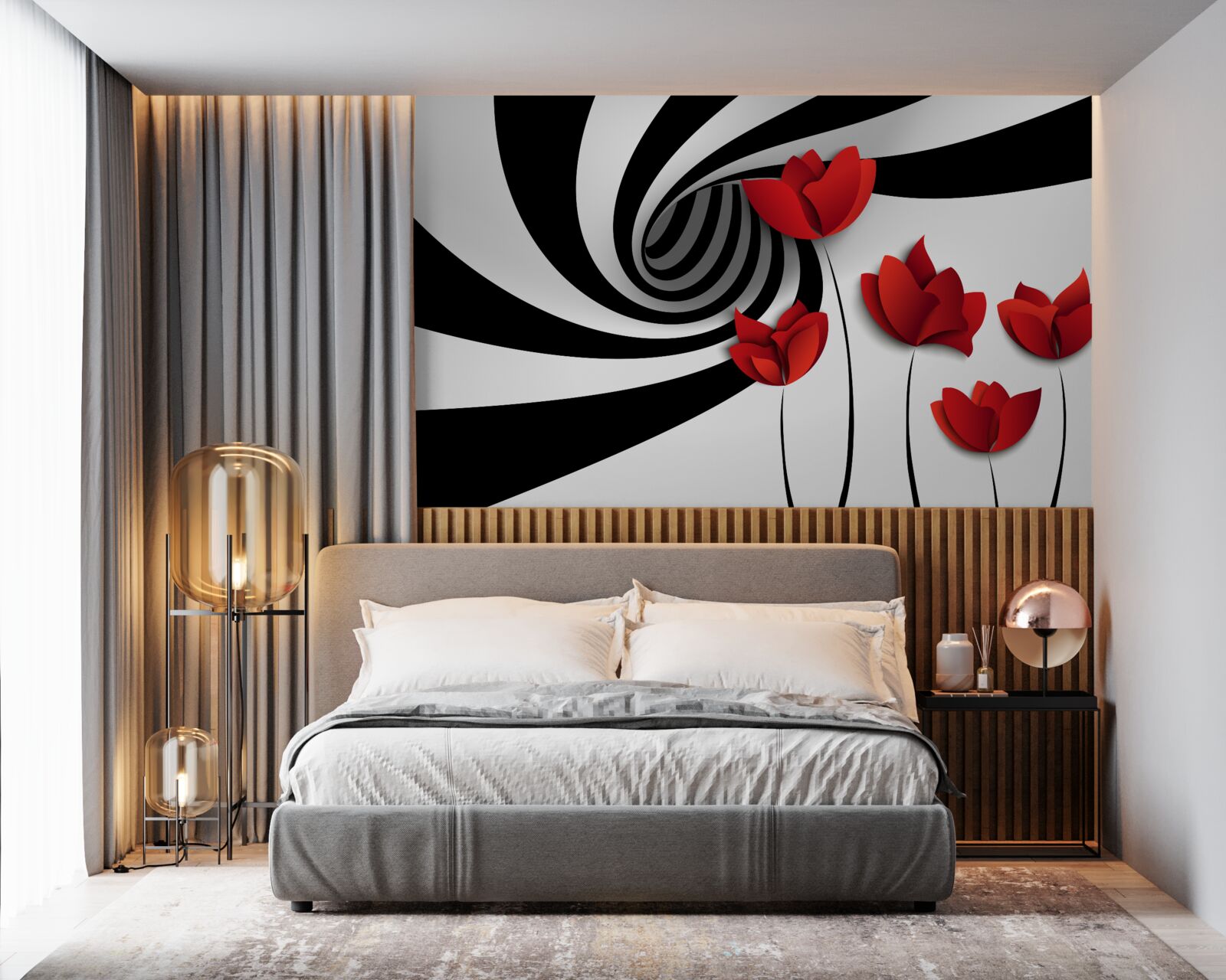 Фотошпалери чорно-білий тунель і галявина червоних маків