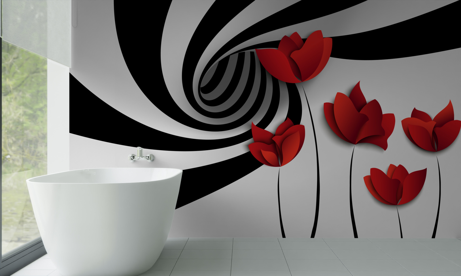 Фотошпалери чорно-білий тунель і галявина червоних маків