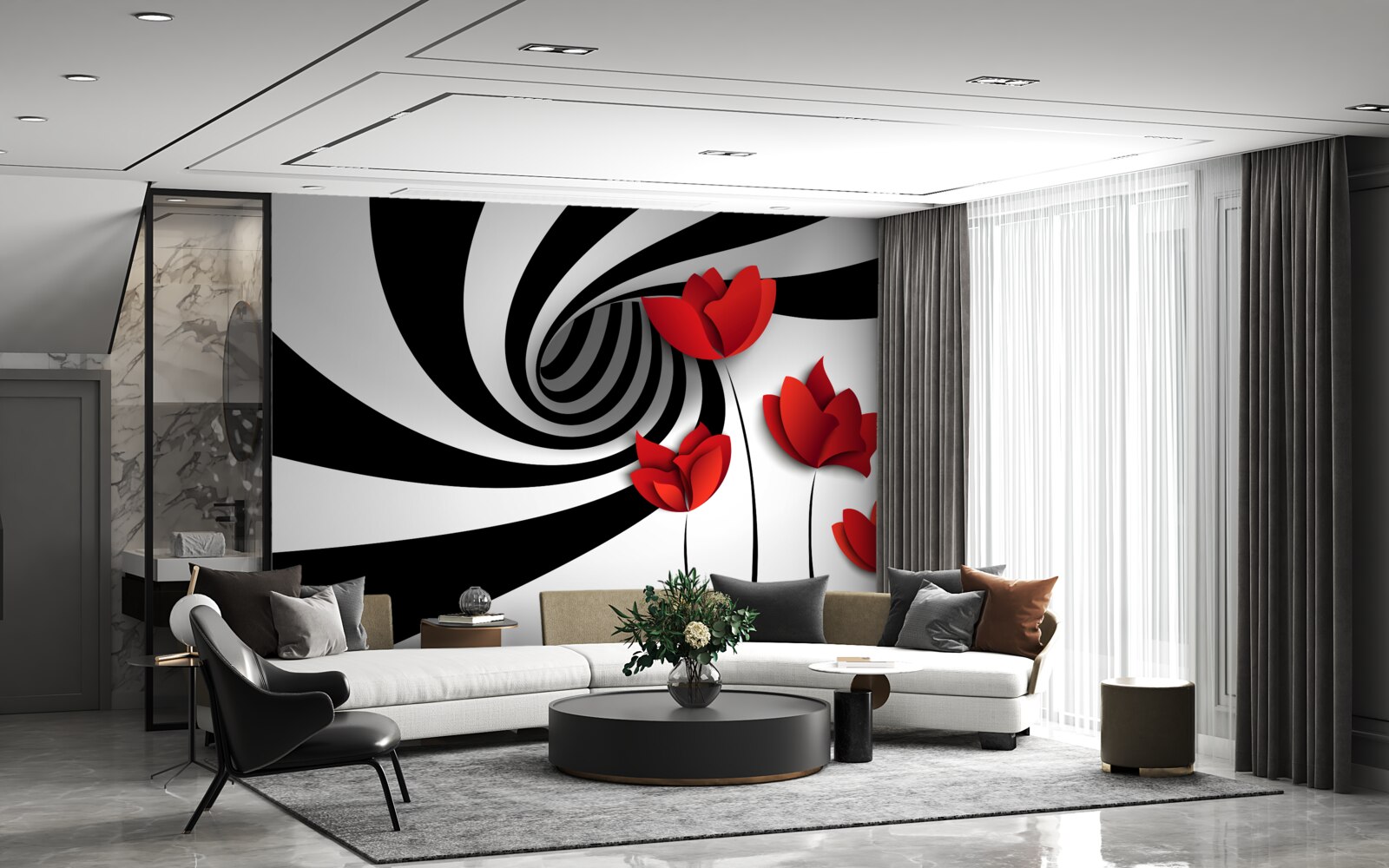 Фотошпалери чорно-білий тунель і галявина червоних маків