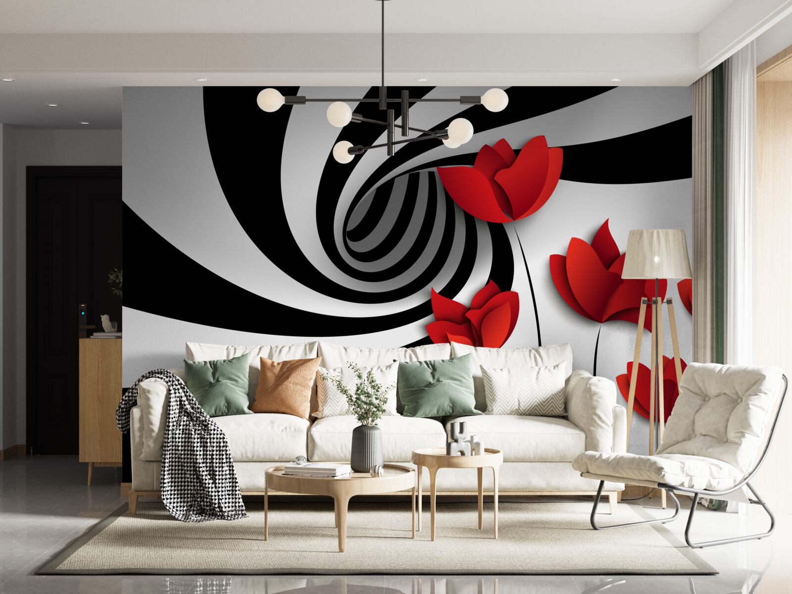 Фотошпалери чорно-білий тунель і галявина червоних маків