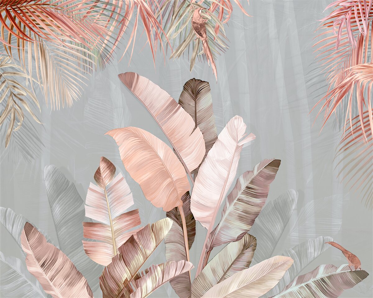 Фотошпалери тропічне листя з ніжним рожевим відтінком