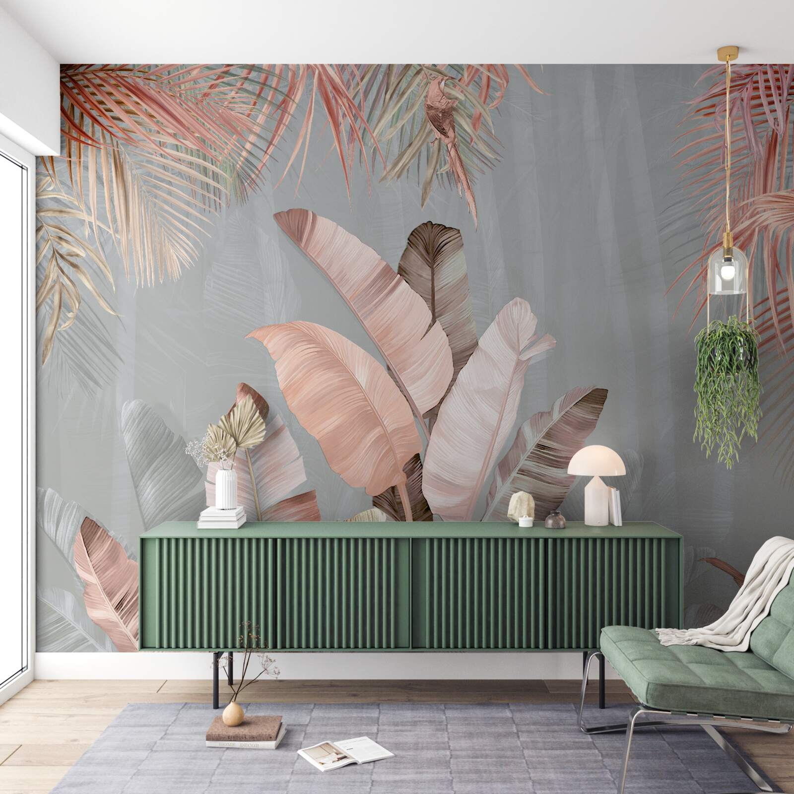 Фотошпалери тропічне листя з ніжним рожевим відтінком