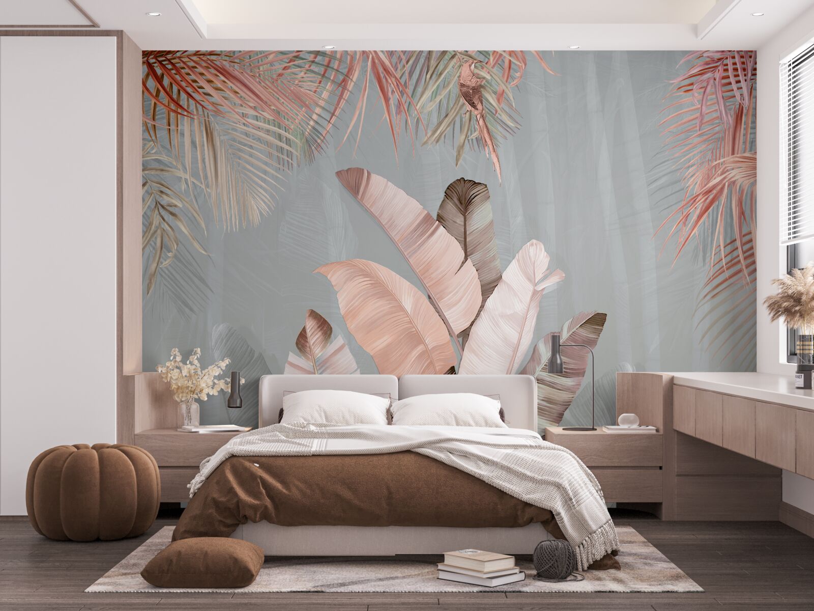 Фотошпалери тропічне листя з ніжним рожевим відтінком