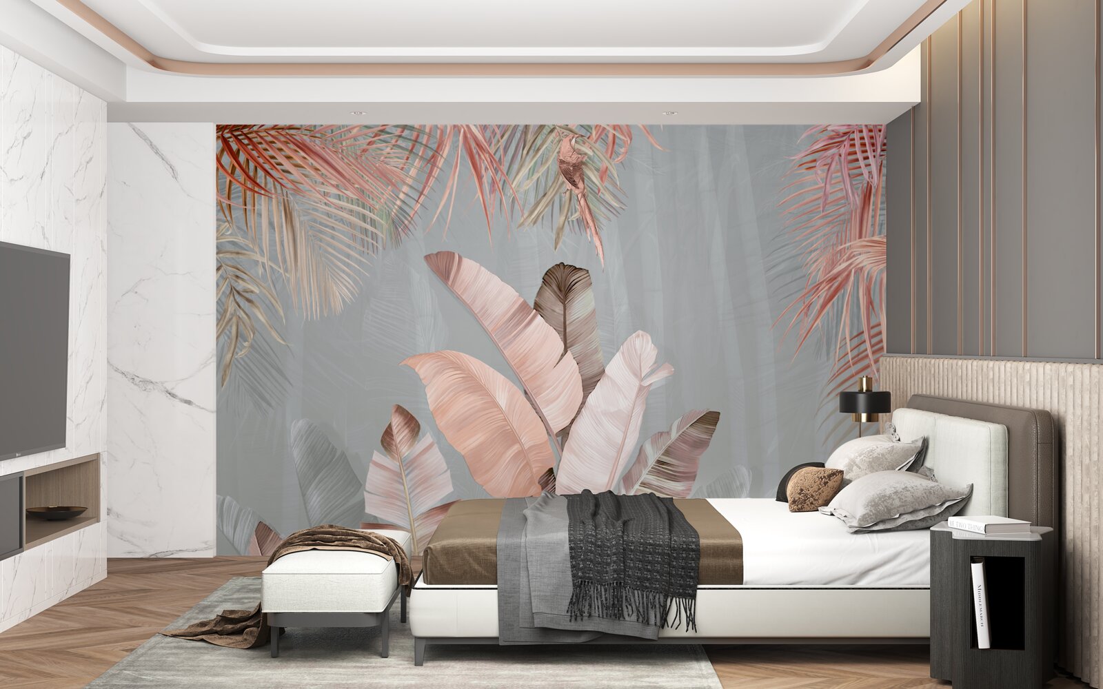 Фотошпалери тропічне листя з ніжним рожевим відтінком