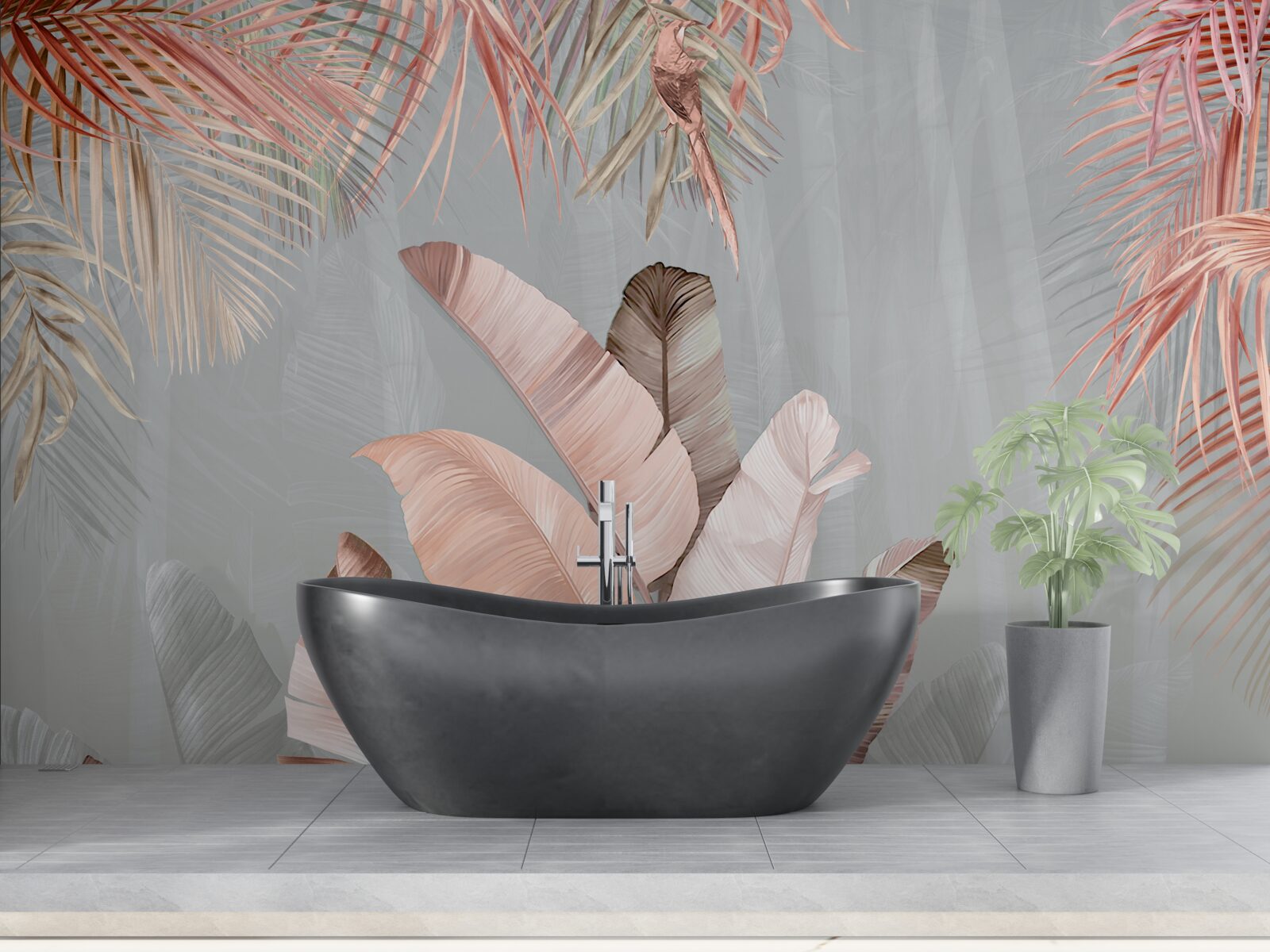 Фотошпалери тропічне листя з ніжним рожевим відтінком