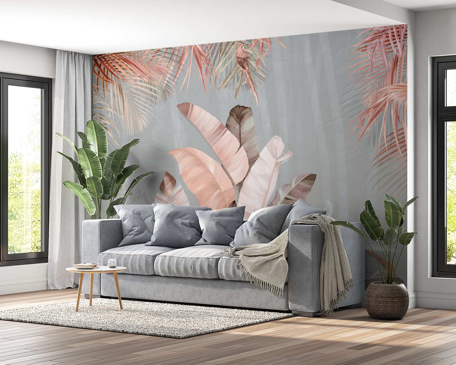 Фотошпалери тропічне листя з ніжним рожевим відтінком