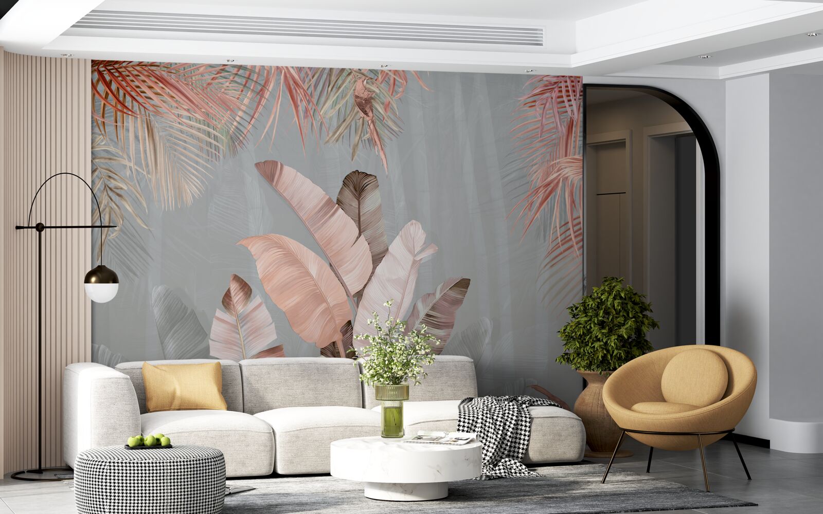 Фотошпалери тропічне листя з ніжним рожевим відтінком