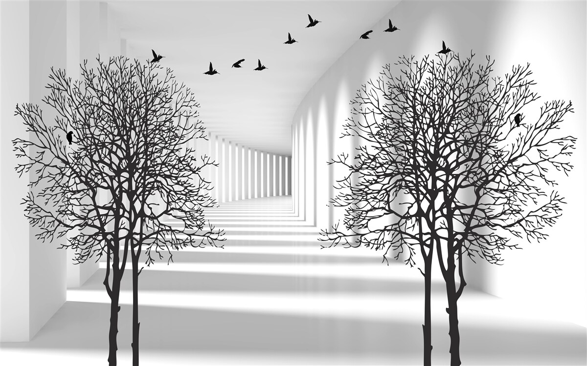 Фотошпалери птахи, що відлітають на південь, і голі дерева восени