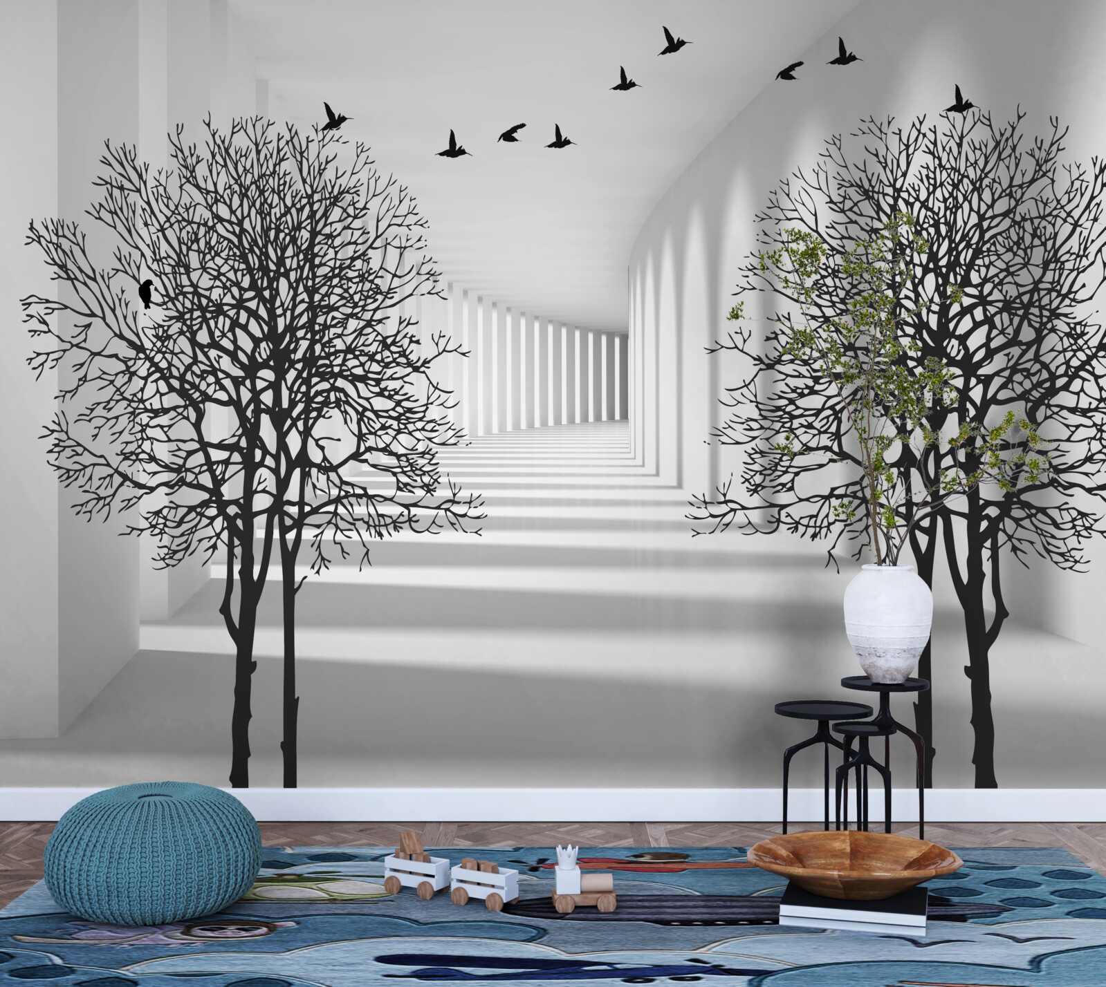 Фотошпалери птахи, що відлітають на південь, і голі дерева восени