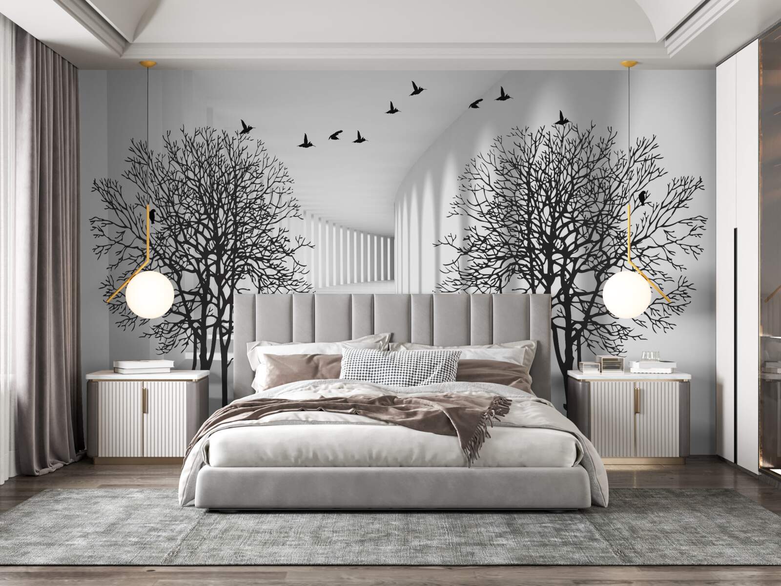 Фотошпалери птахи, що відлітають на південь, і голі дерева восени