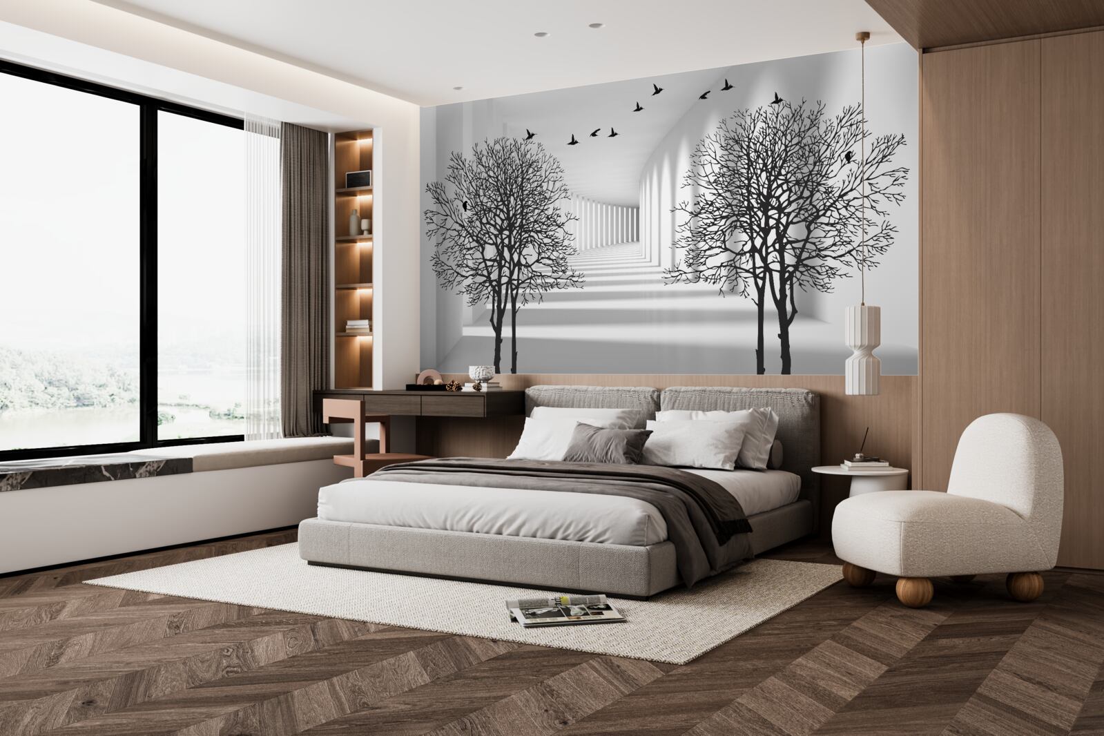 Фотошпалери птахи, що відлітають на південь, і голі дерева восени