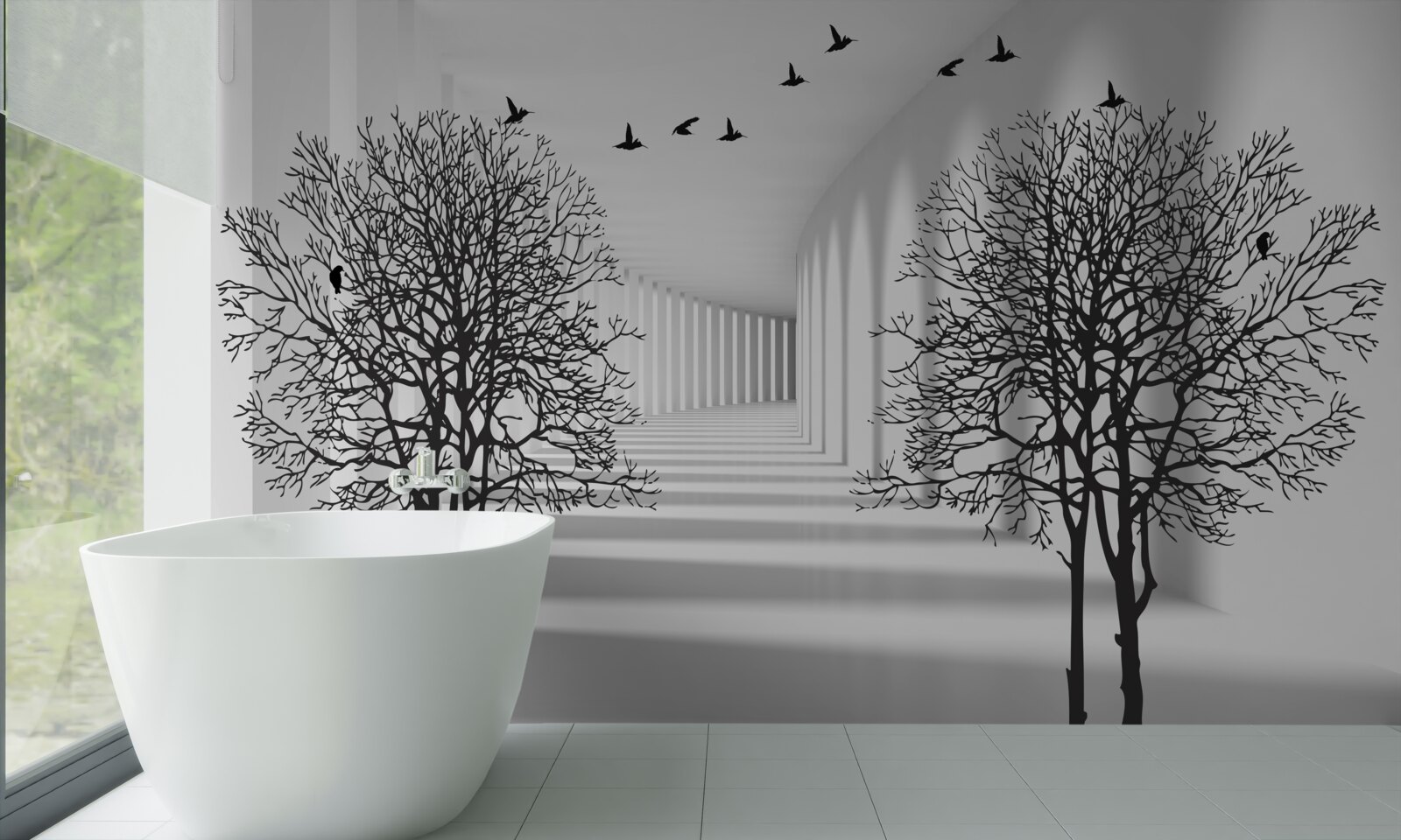 Фотошпалери птахи, що відлітають на південь, і голі дерева восени