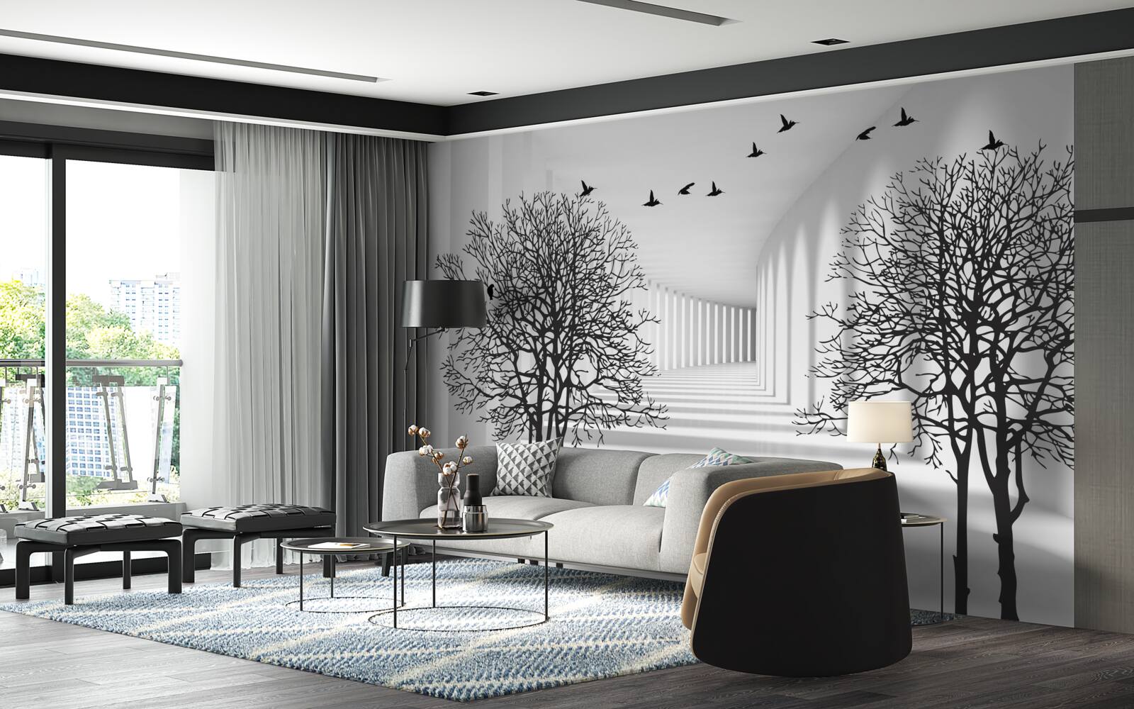 Фотошпалери птахи, що відлітають на південь, і голі дерева восени