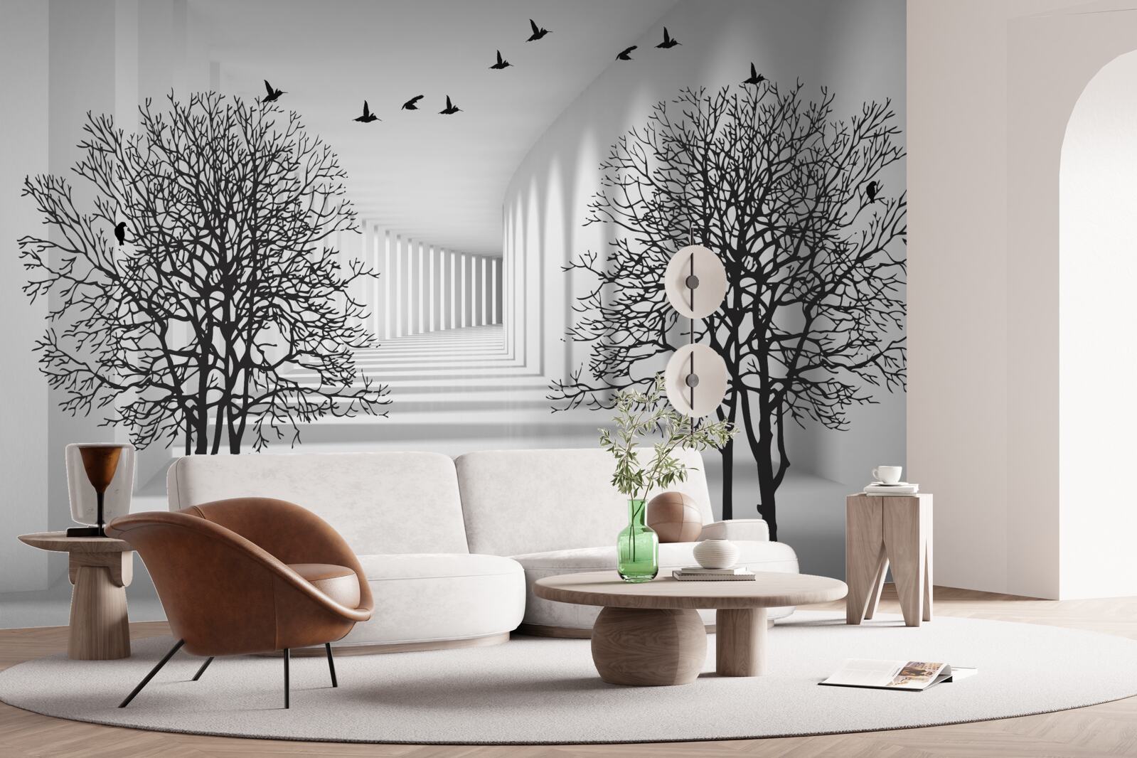 Фотошпалери птахи, що відлітають на південь, і голі дерева восени