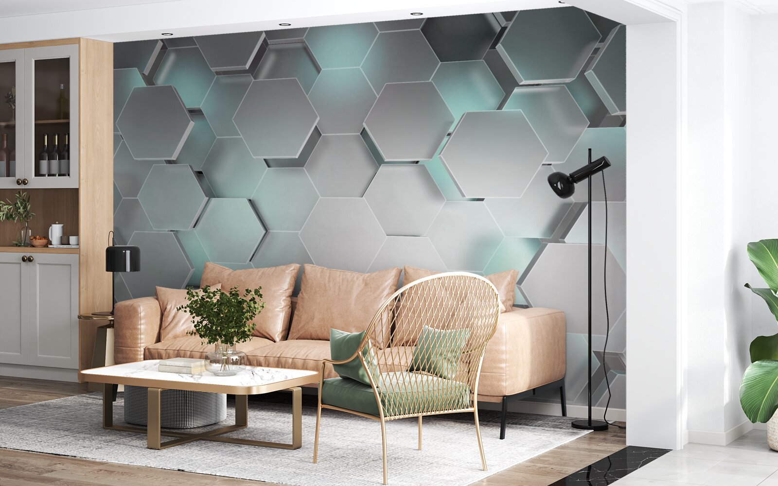 Фотошпалери світловипромінюючі шестикутники, що ширяють у повітрі