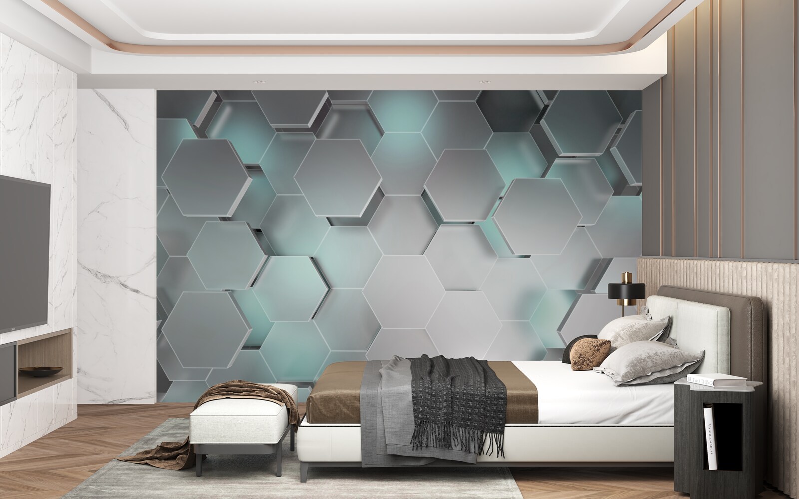 Фотошпалери світловипромінюючі шестикутники, що ширяють у повітрі