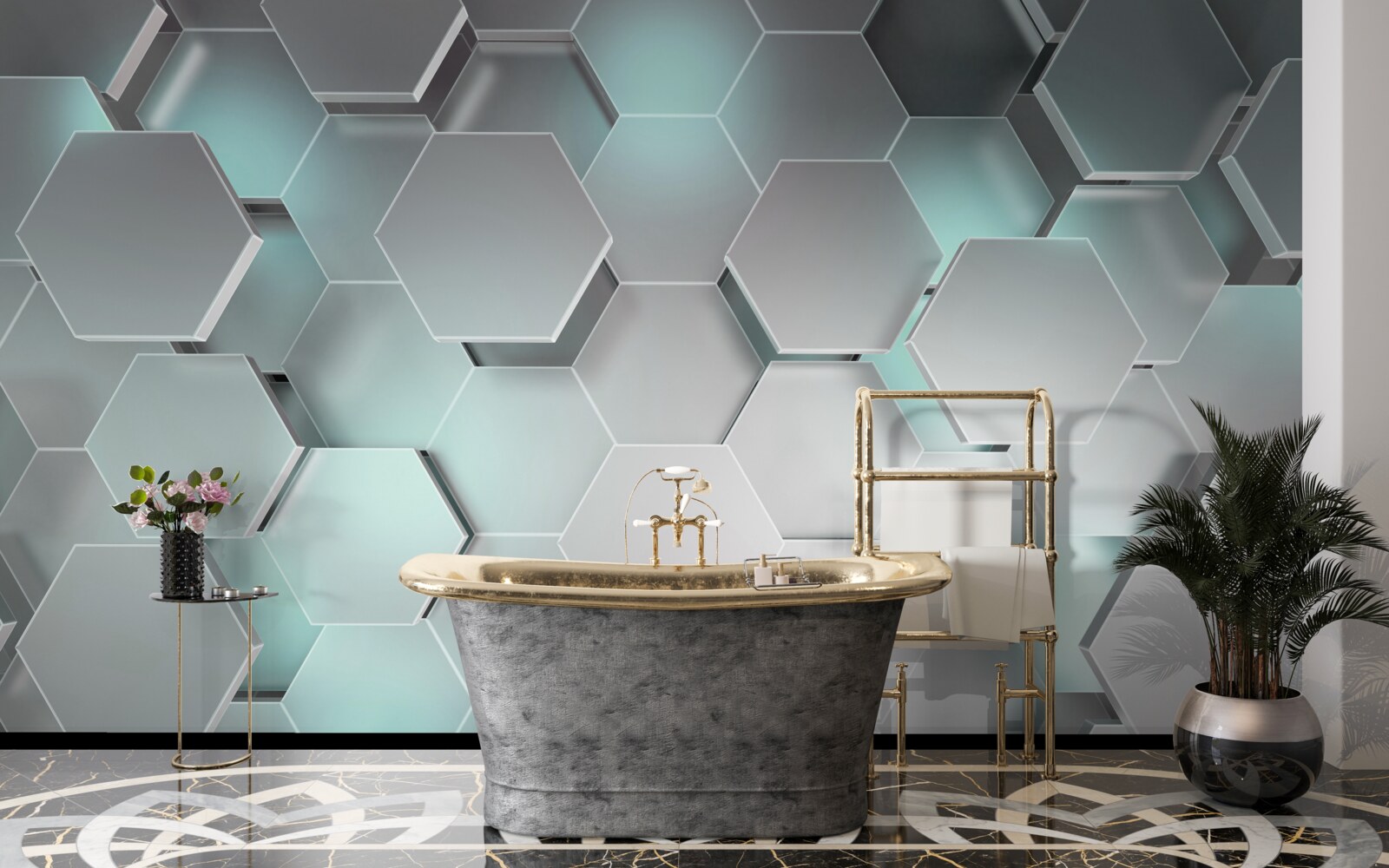 Фотошпалери світловипромінюючі шестикутники, що ширяють у повітрі