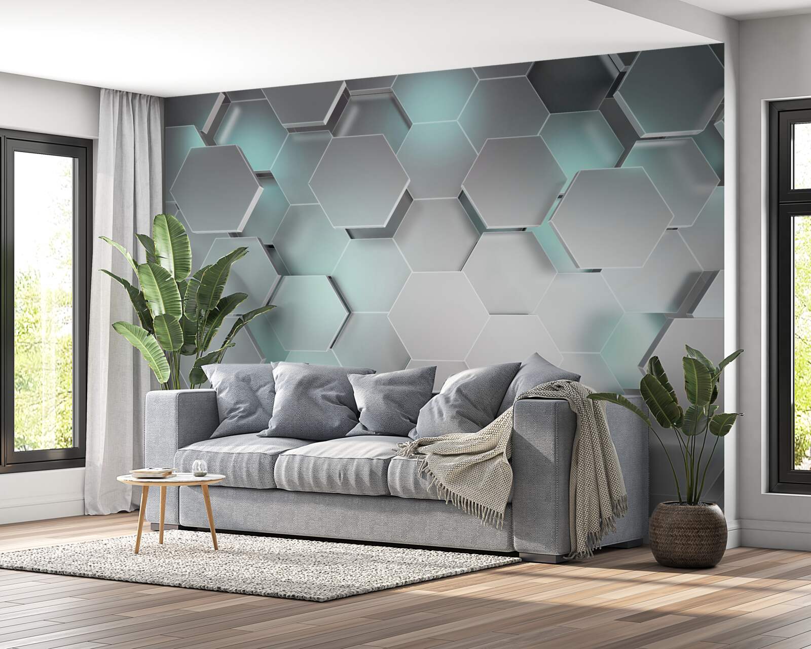 Фотошпалери світловипромінюючі шестикутники, що ширяють у повітрі