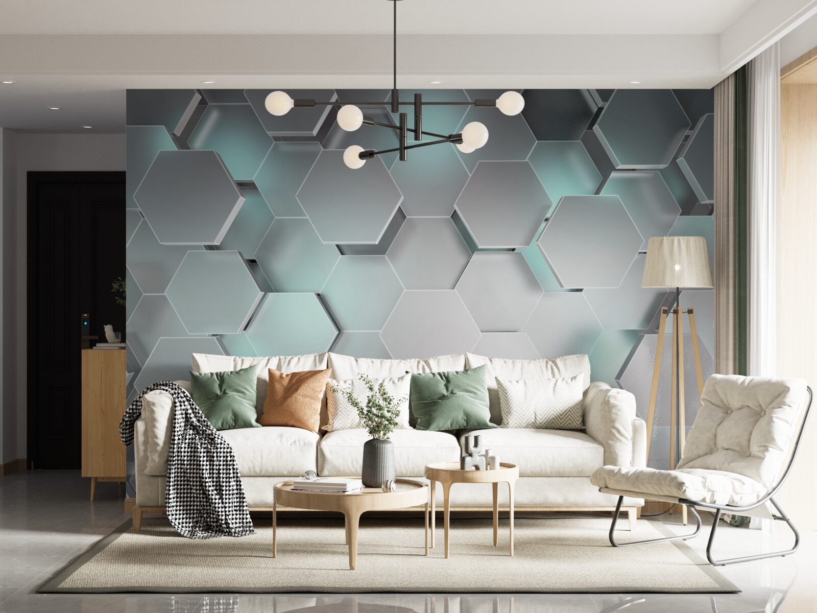 Фотошпалери світловипромінюючі шестикутники, що ширяють у повітрі