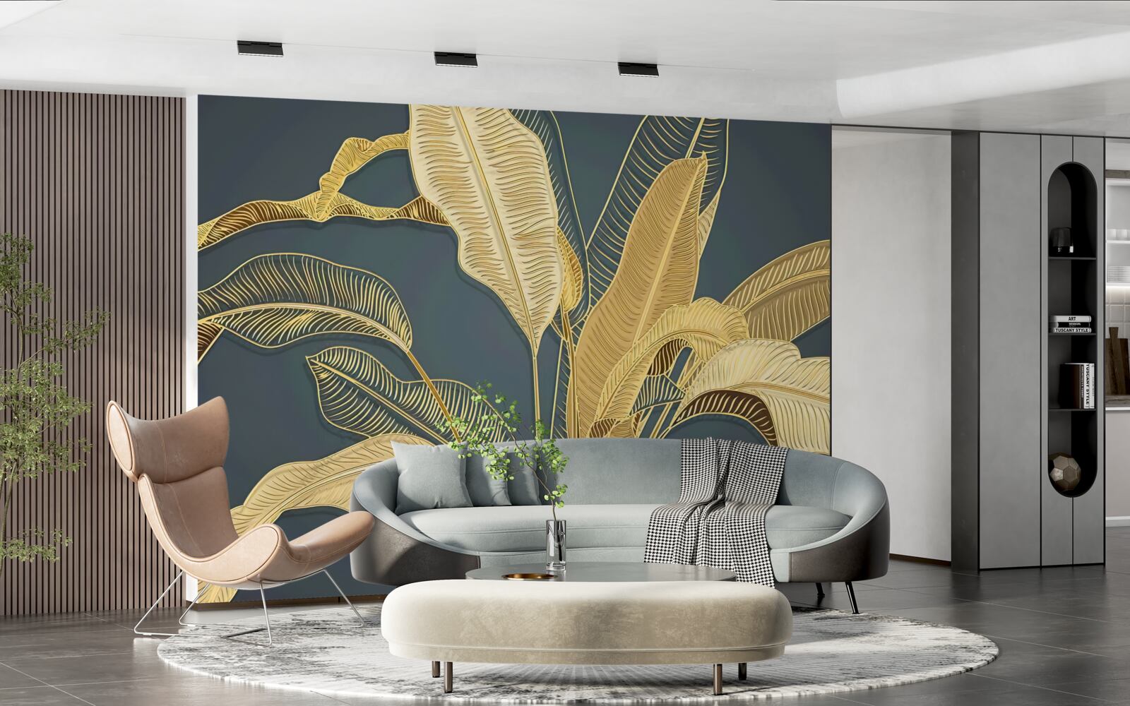 Фотошпалери бронзове пір'я у квітковій композиції