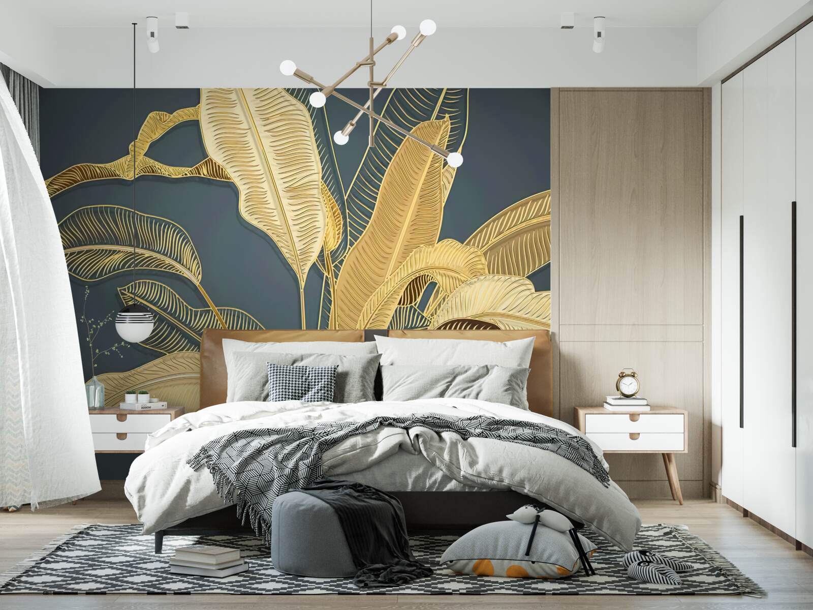 Фотошпалери бронзове пір'я у квітковій композиції