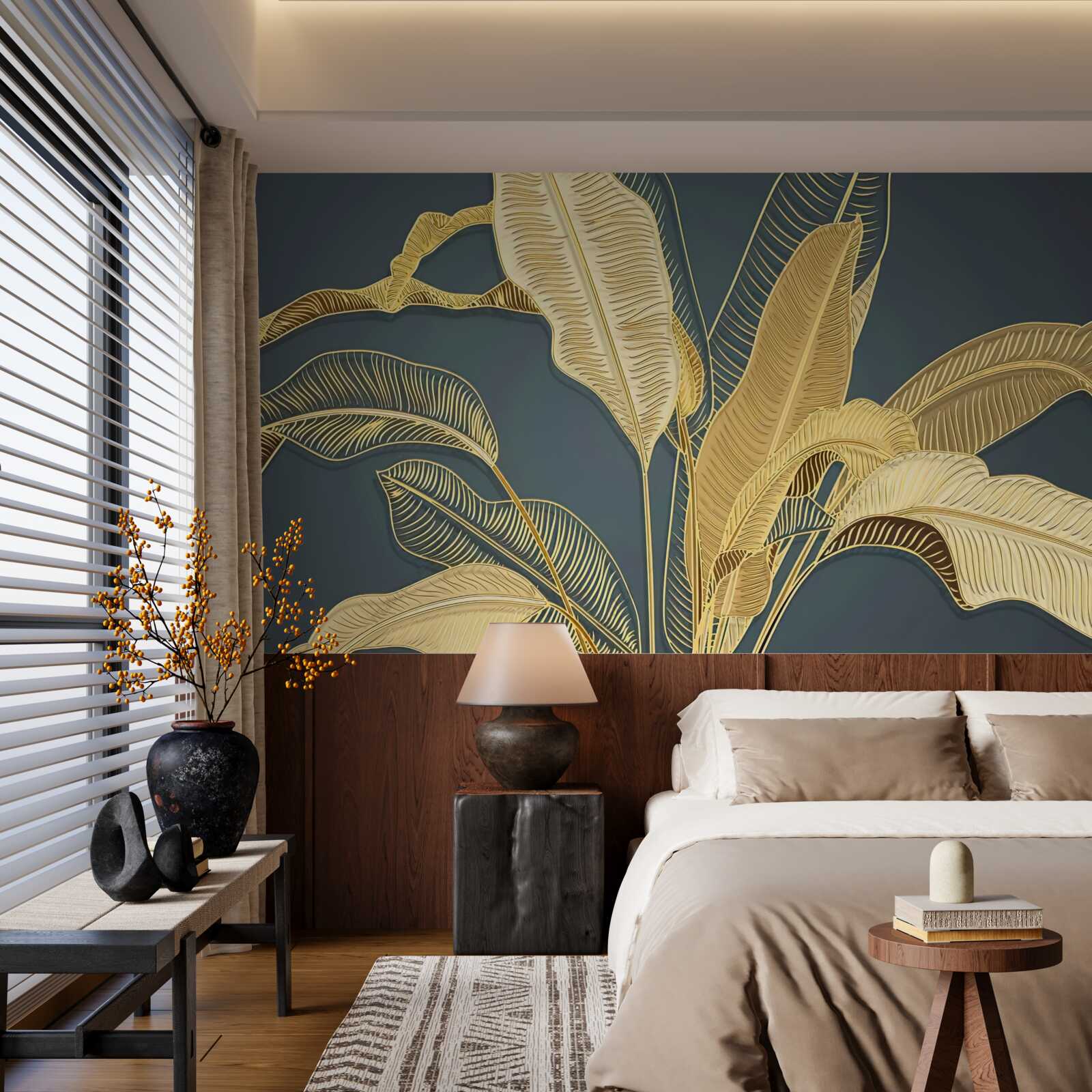 Фотошпалери бронзове пір'я у квітковій композиції