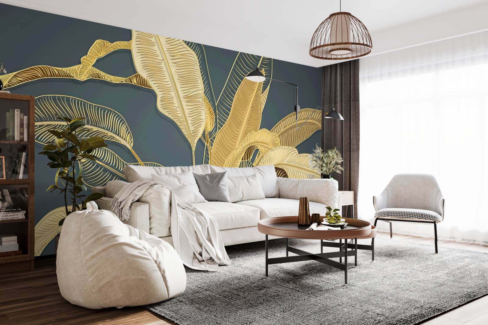 Фотошпалери бронзове пір'я у квітковій композиції