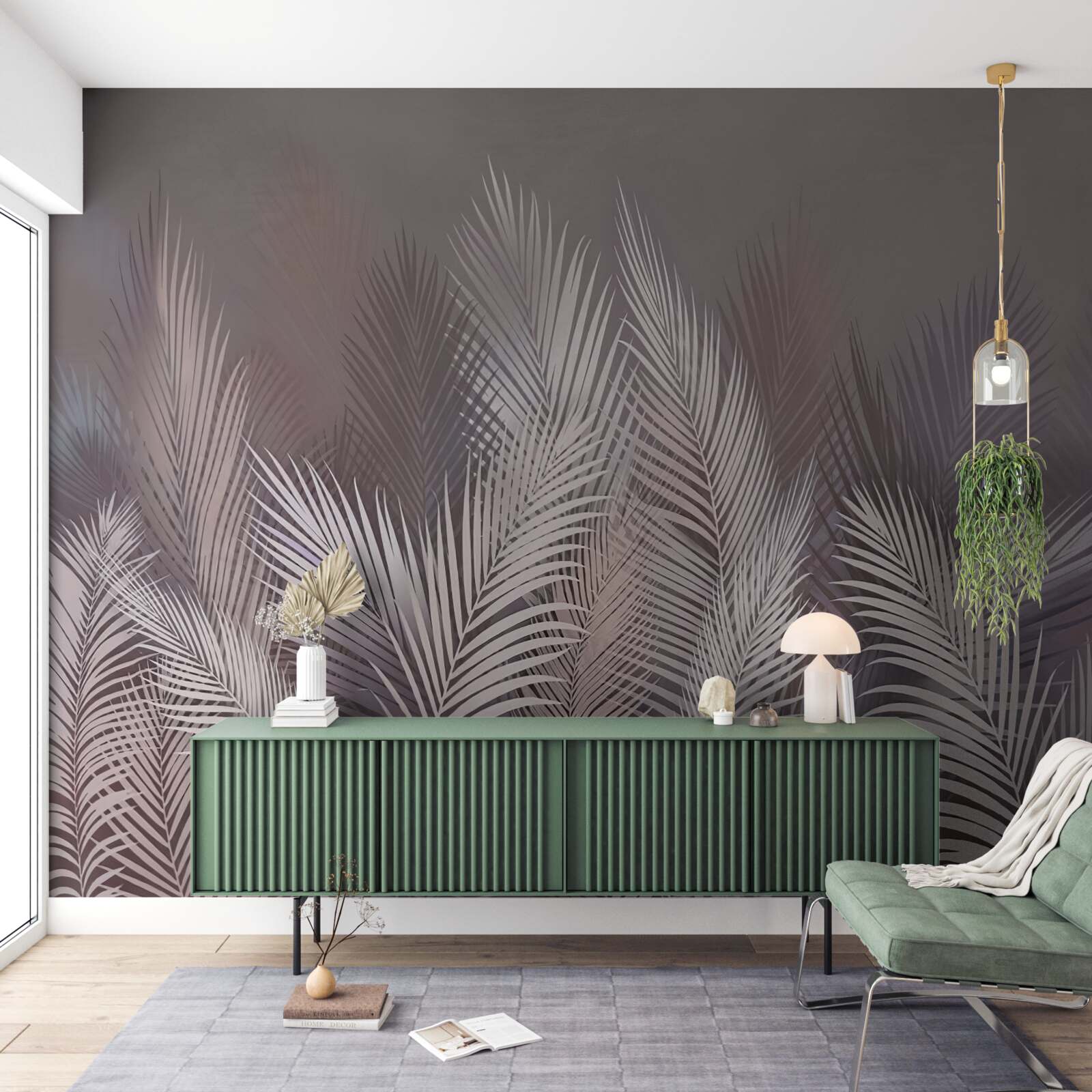 Фотошпалери туманний фон надає білому тропічному листю неповторної атмосфери