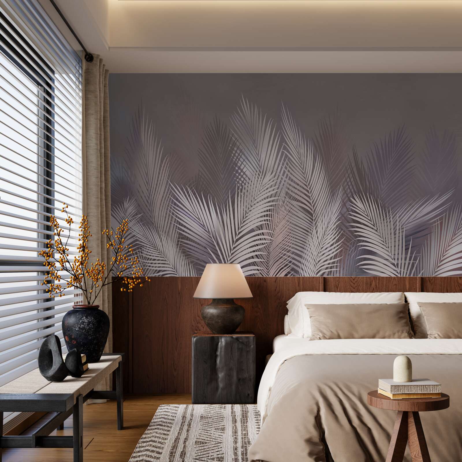 Фотошпалери туманний фон надає білому тропічному листю неповторної атмосфери