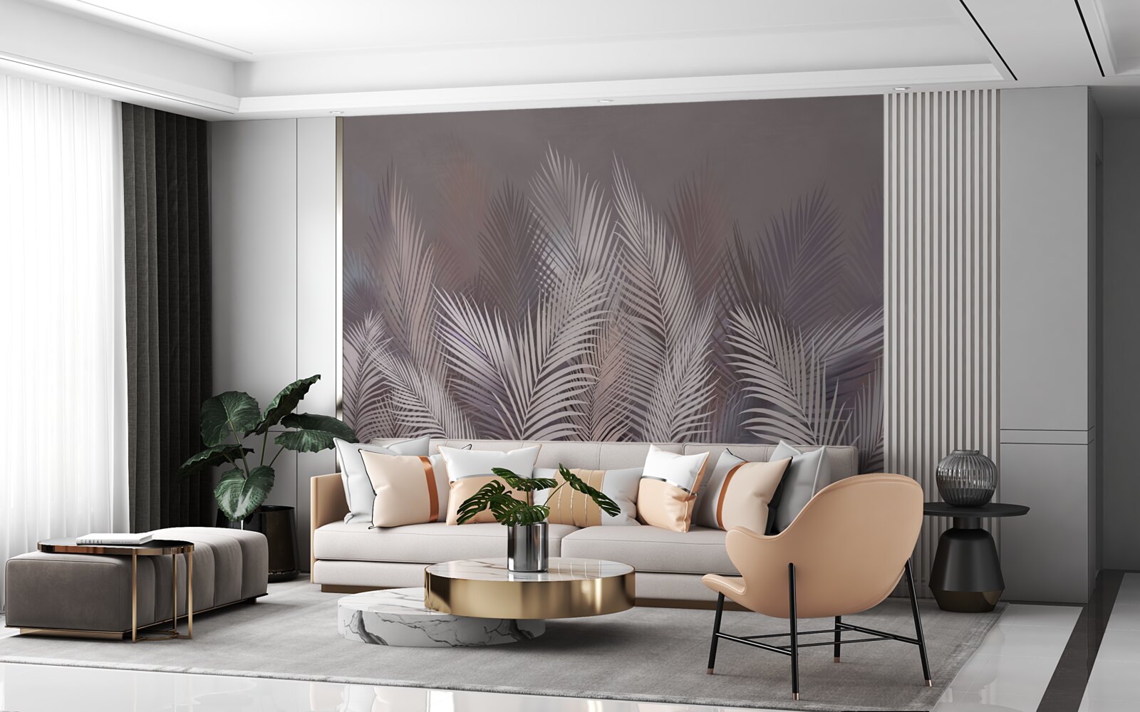 Фотошпалери туманний фон надає білому тропічному листю неповторної атмосфери