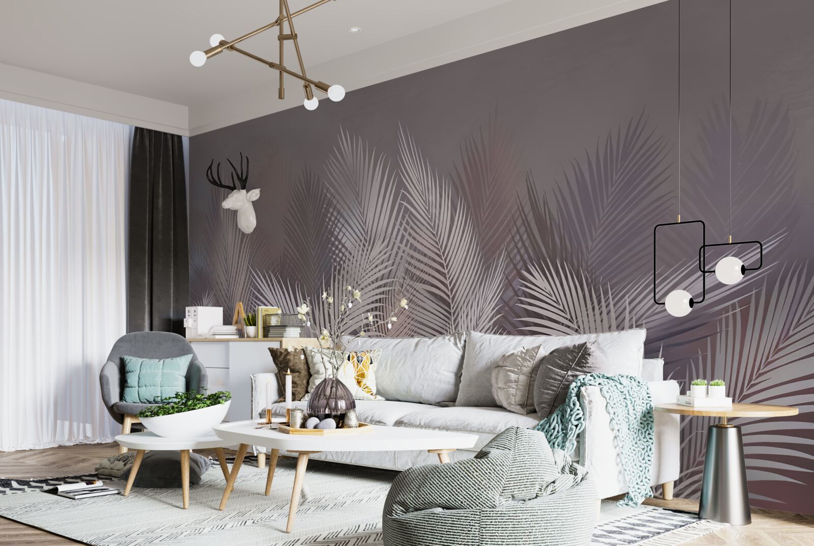 Фотошпалери туманний фон надає білому тропічному листю неповторної атмосфери