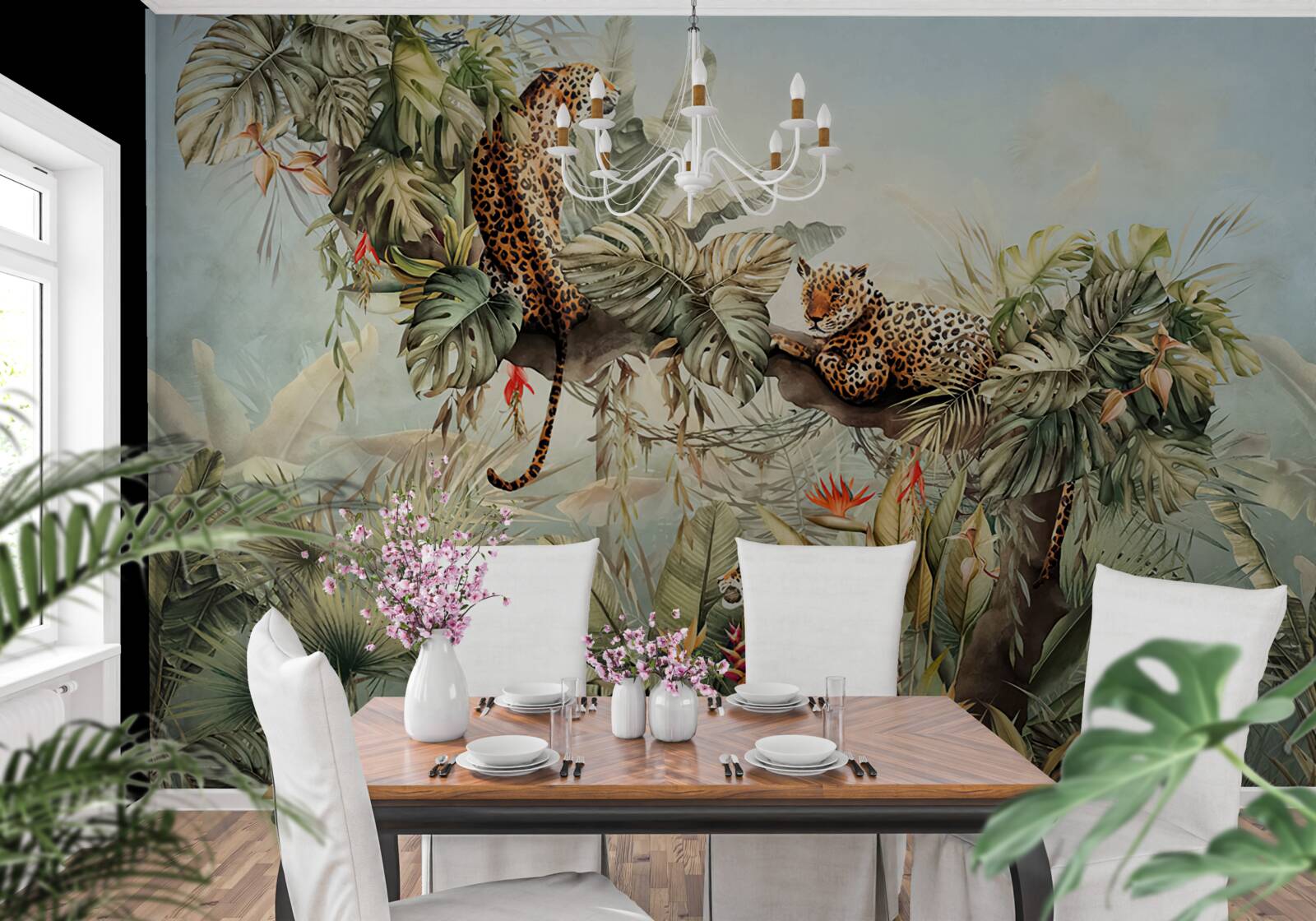 Фотошпалери на світанку леопарди ховаються на дереві