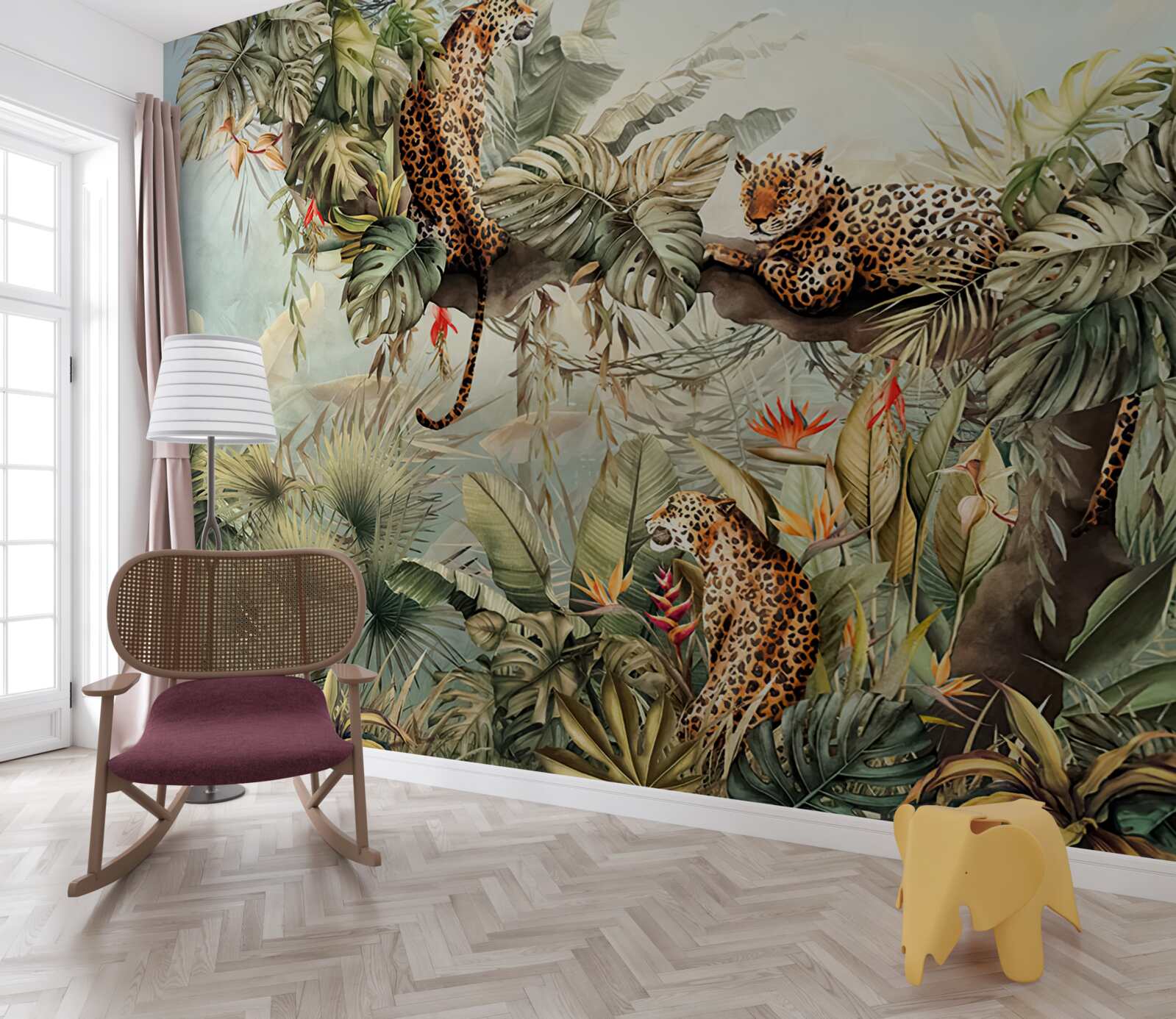 Фотошпалери на світанку леопарди ховаються на дереві