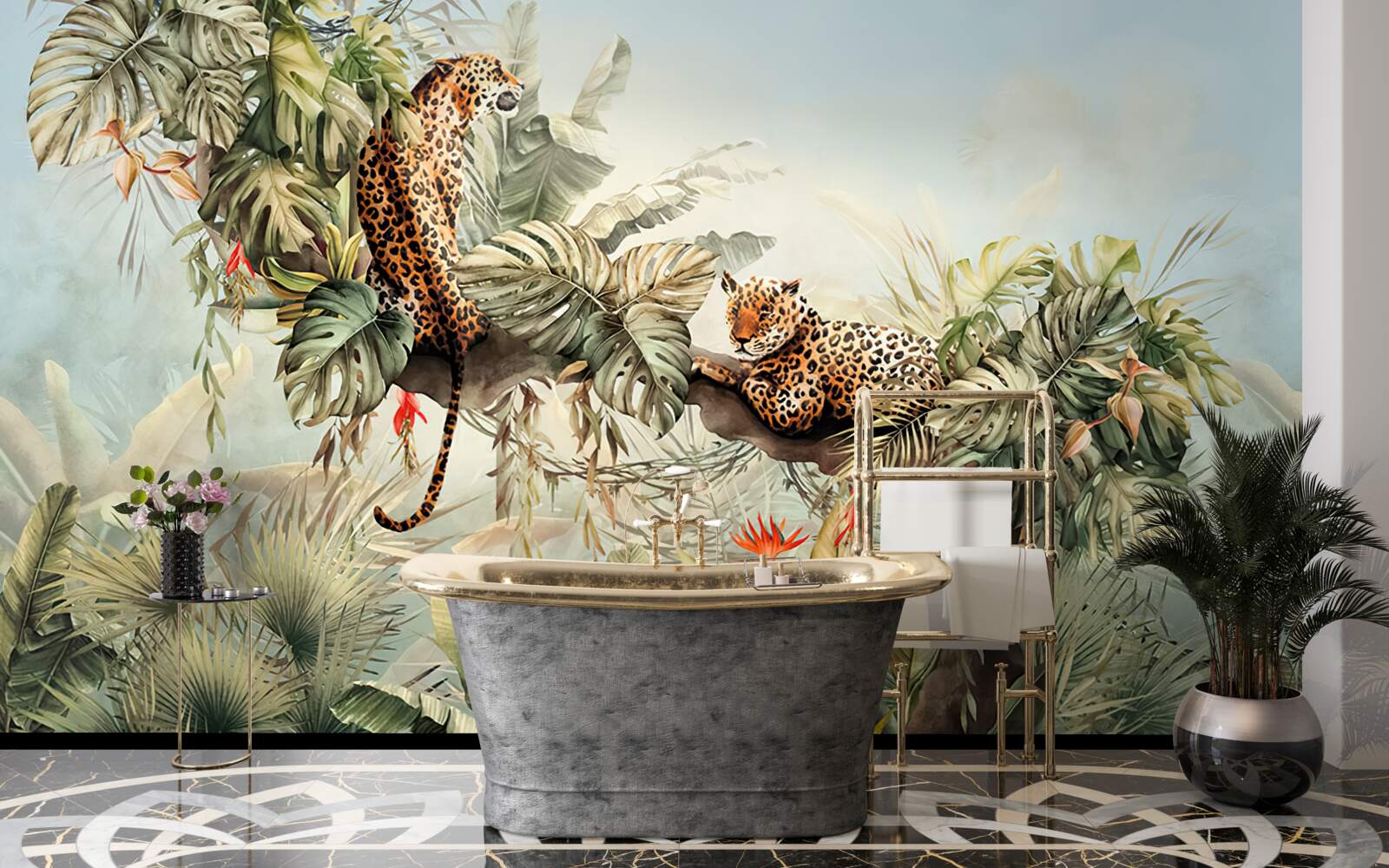 Фотошпалери на світанку леопарди ховаються на дереві