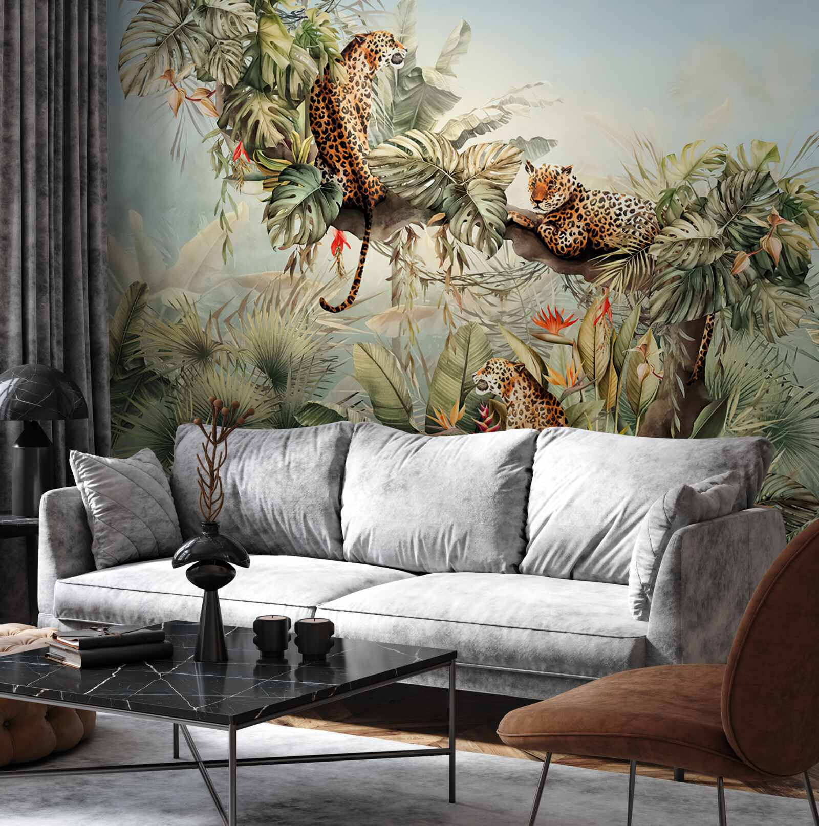 Фотошпалери на світанку леопарди ховаються на дереві