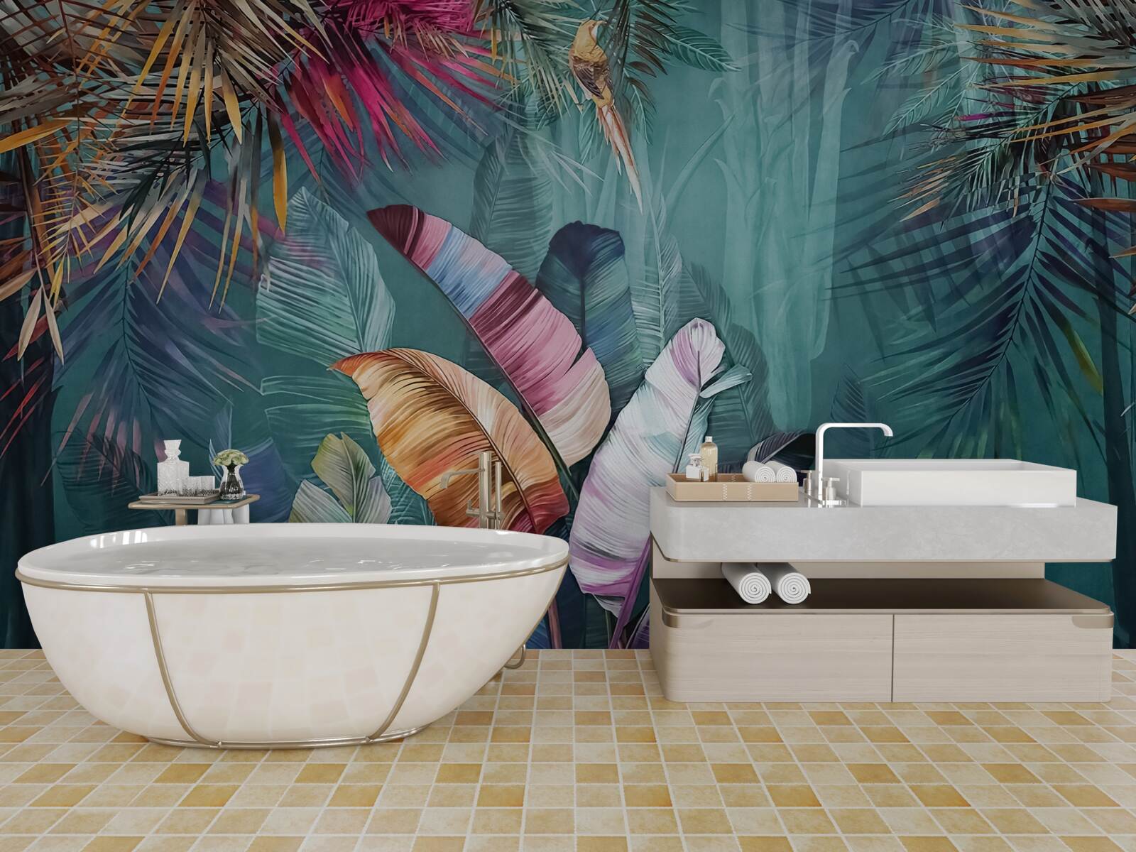 Фотошпалери чудовий набір листя тропічних дерев, пофарбованих в осінні відтінки