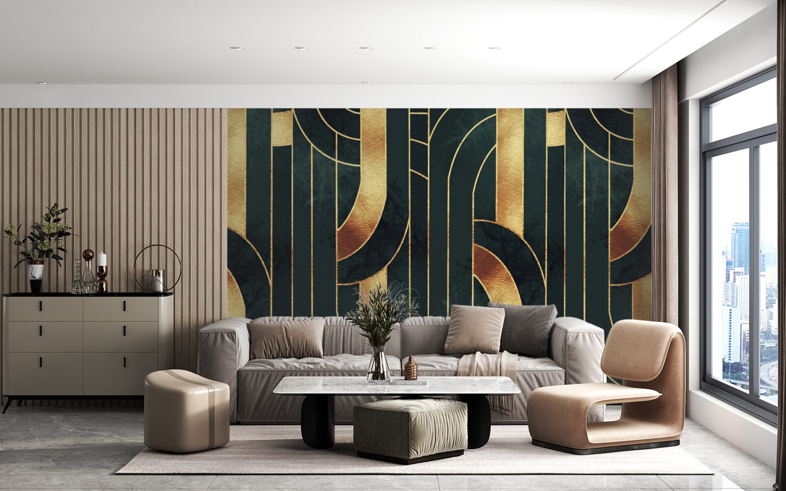 Фотошпалери витончені лінії золота та смарагду