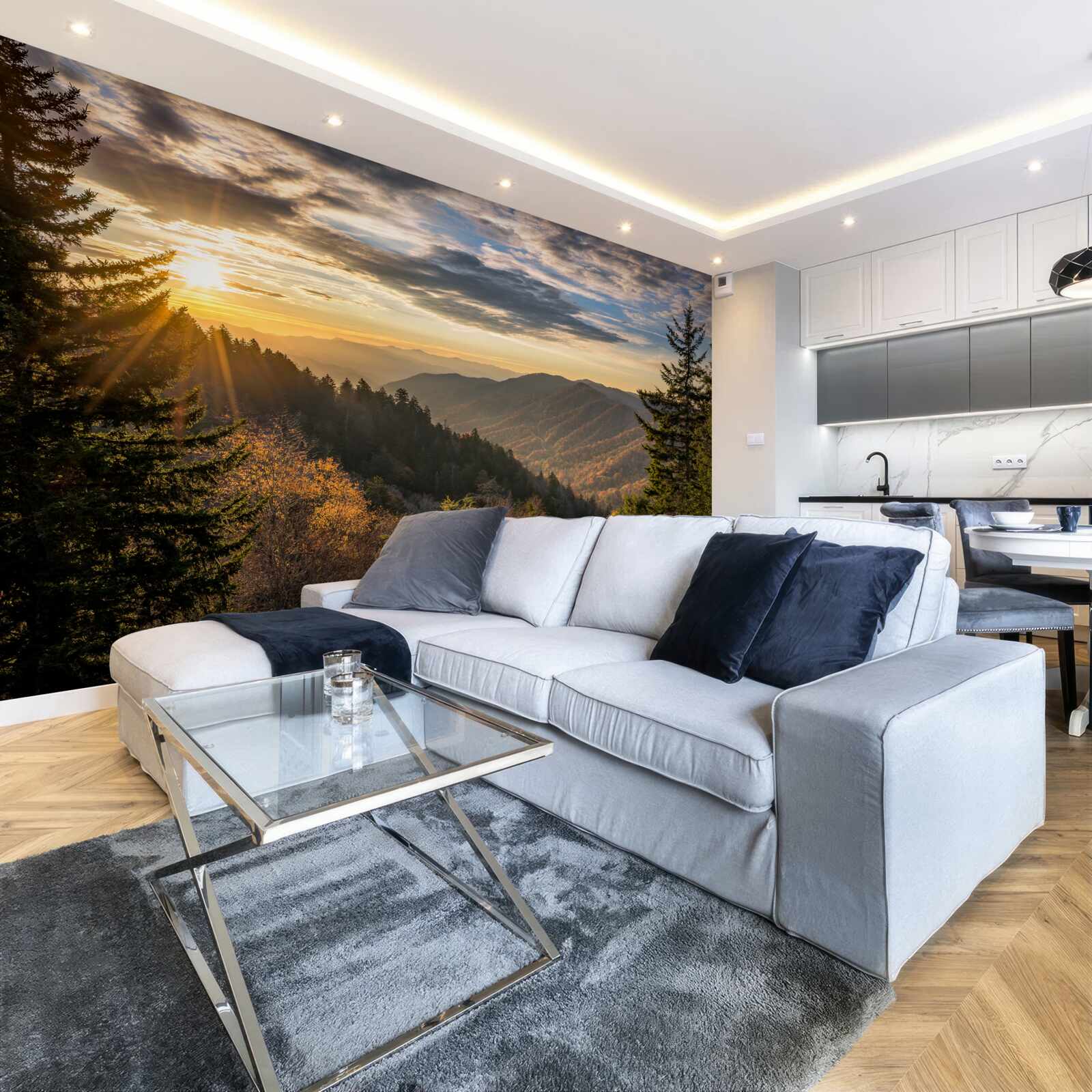 Фотошпалери захід сонця над гірськими вершинами