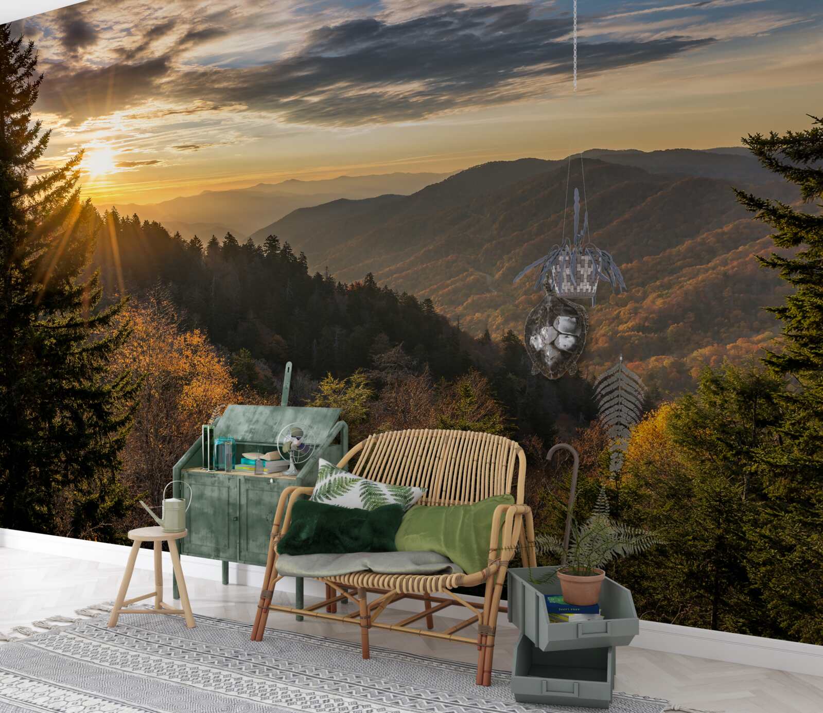 Фотошпалери захід сонця над гірськими вершинами