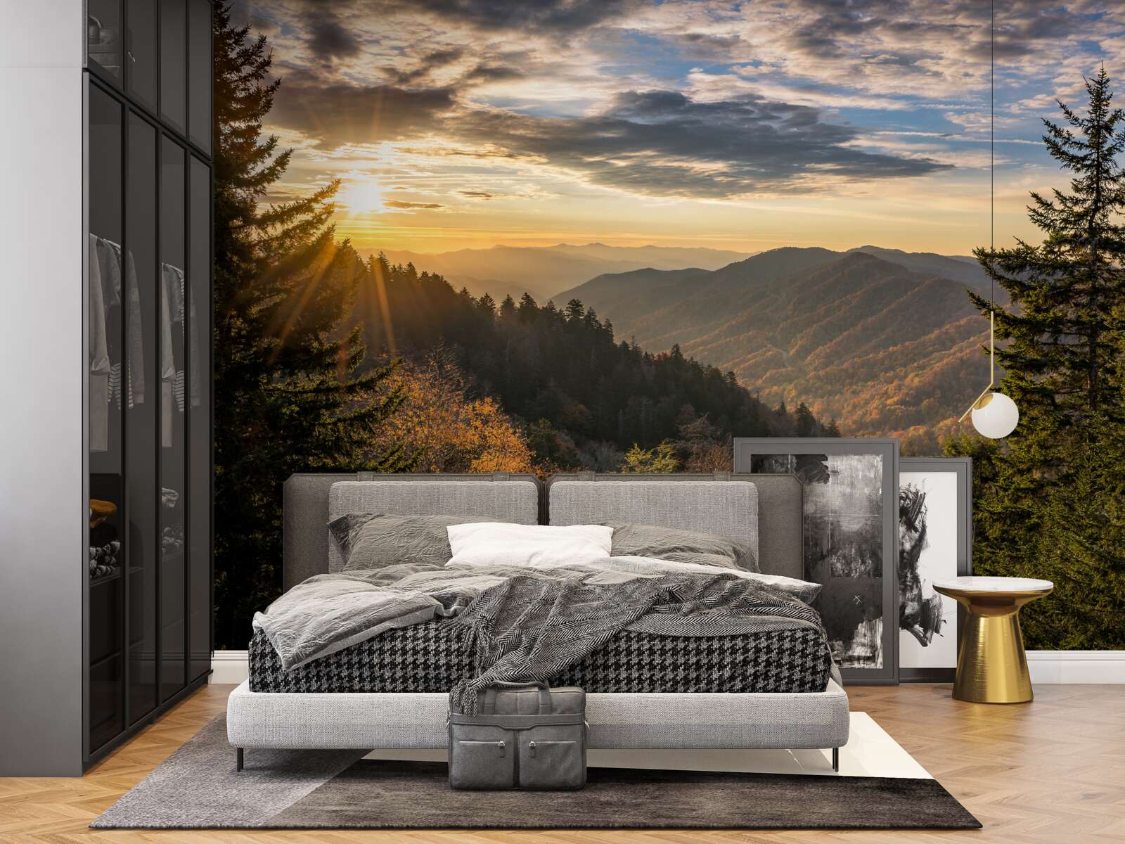 Фотошпалери захід сонця над гірськими вершинами