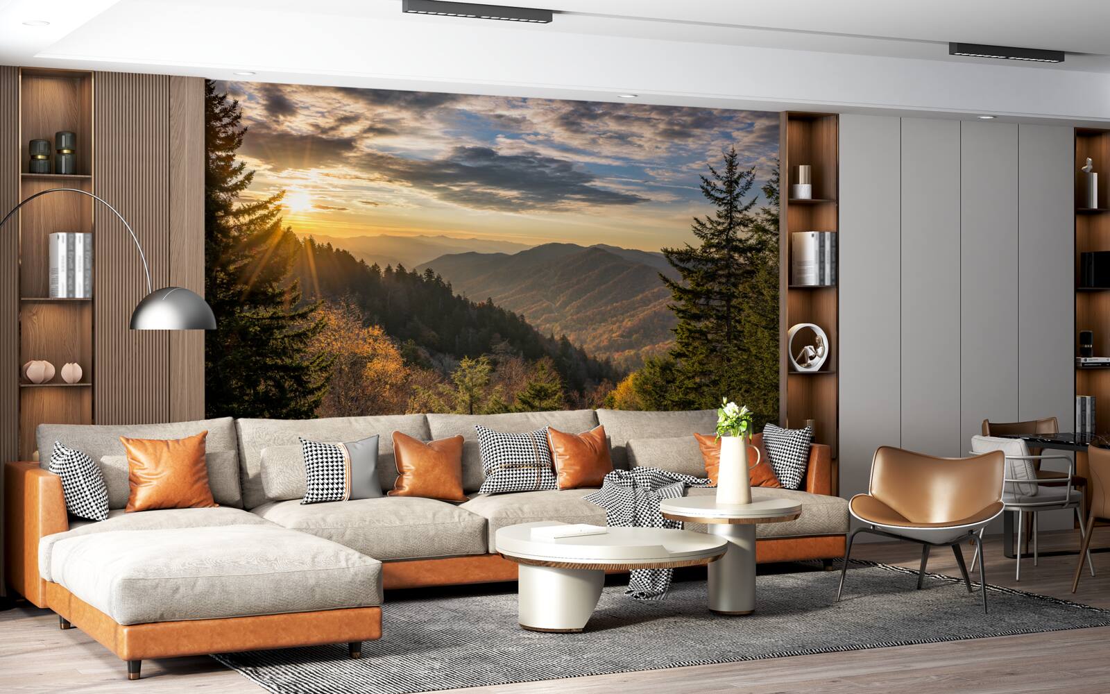 Фотошпалери захід сонця над гірськими вершинами