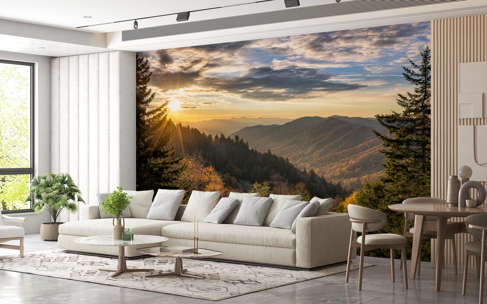 Фотошпалери захід сонця над гірськими вершинами