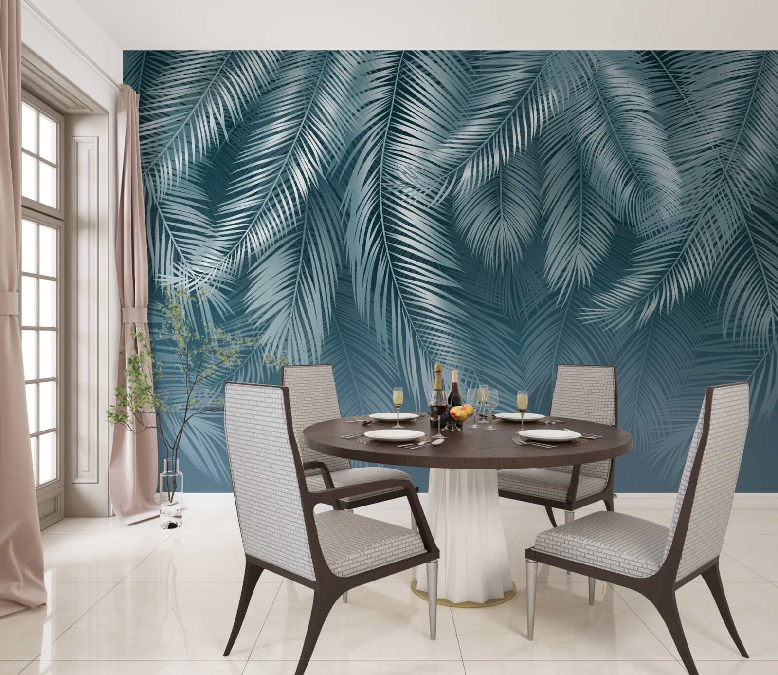 Фотошпалери пір'яне листя в бірюзовому кольорі